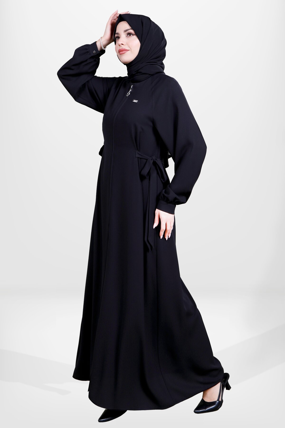 Side-Tie Zippered Abaya - Black - Beyza