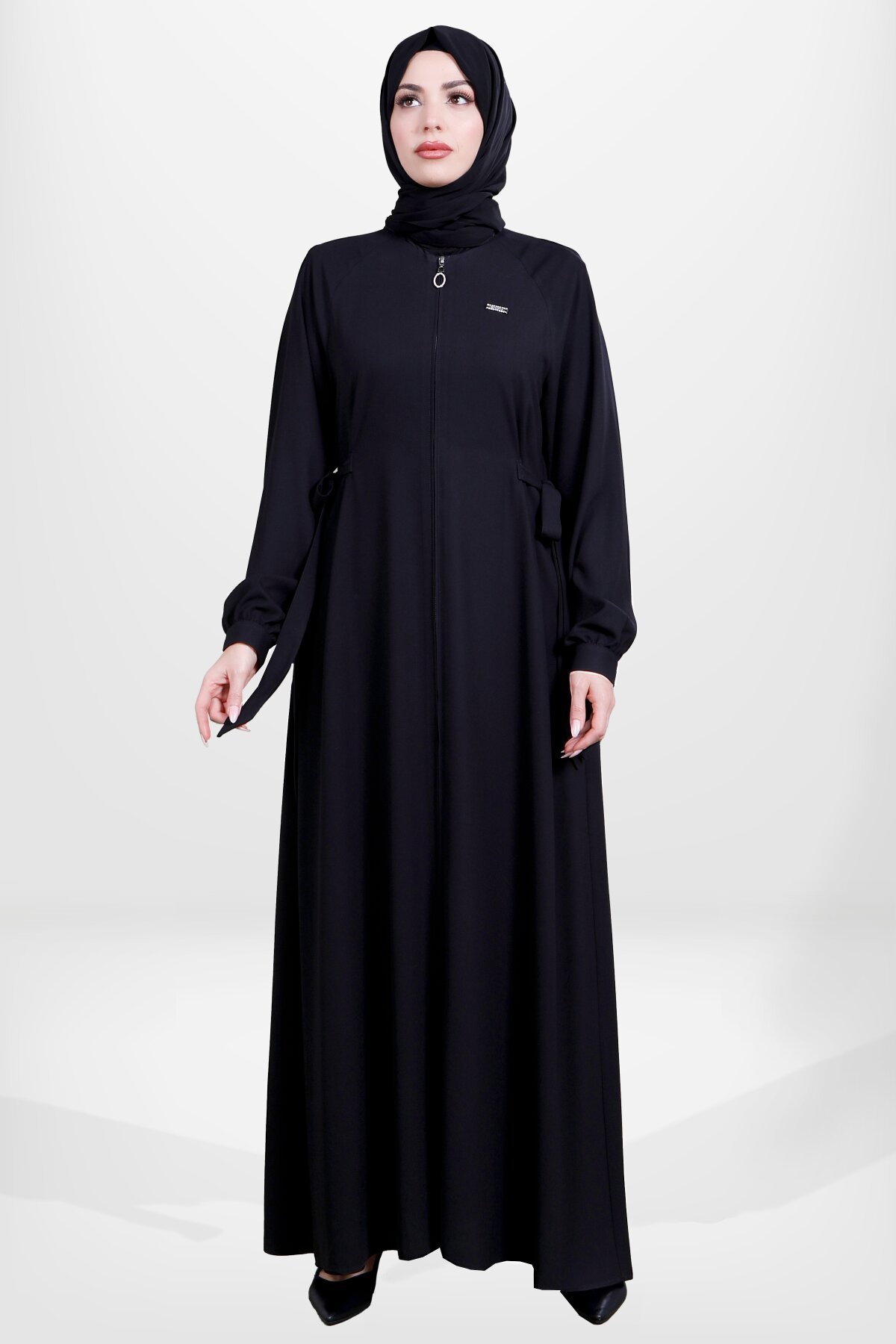 Side-Tie Zippered Abaya - Black - Beyza