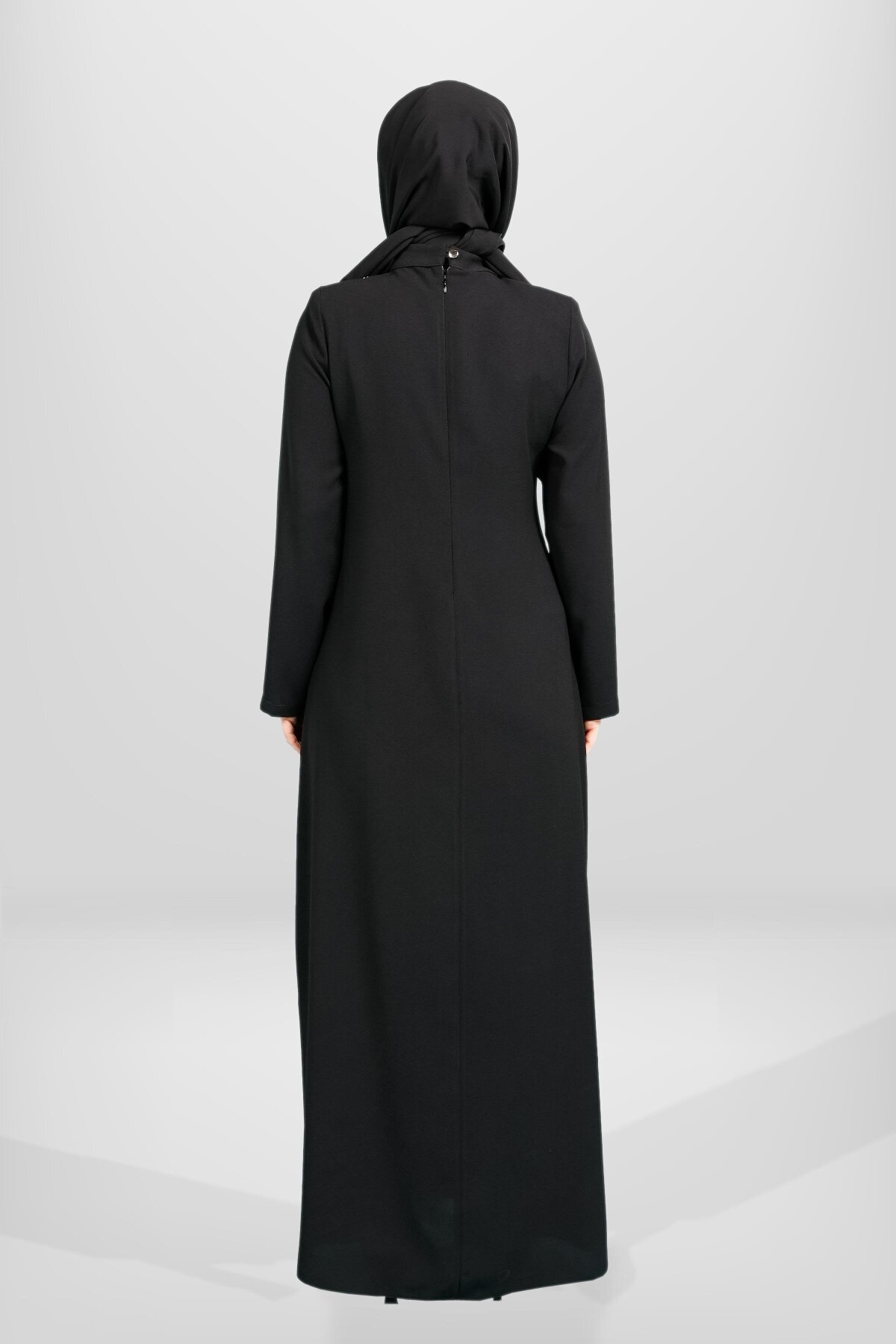 Modest Ruffled Brooch-Detail Evening Dress - Black - Beyza