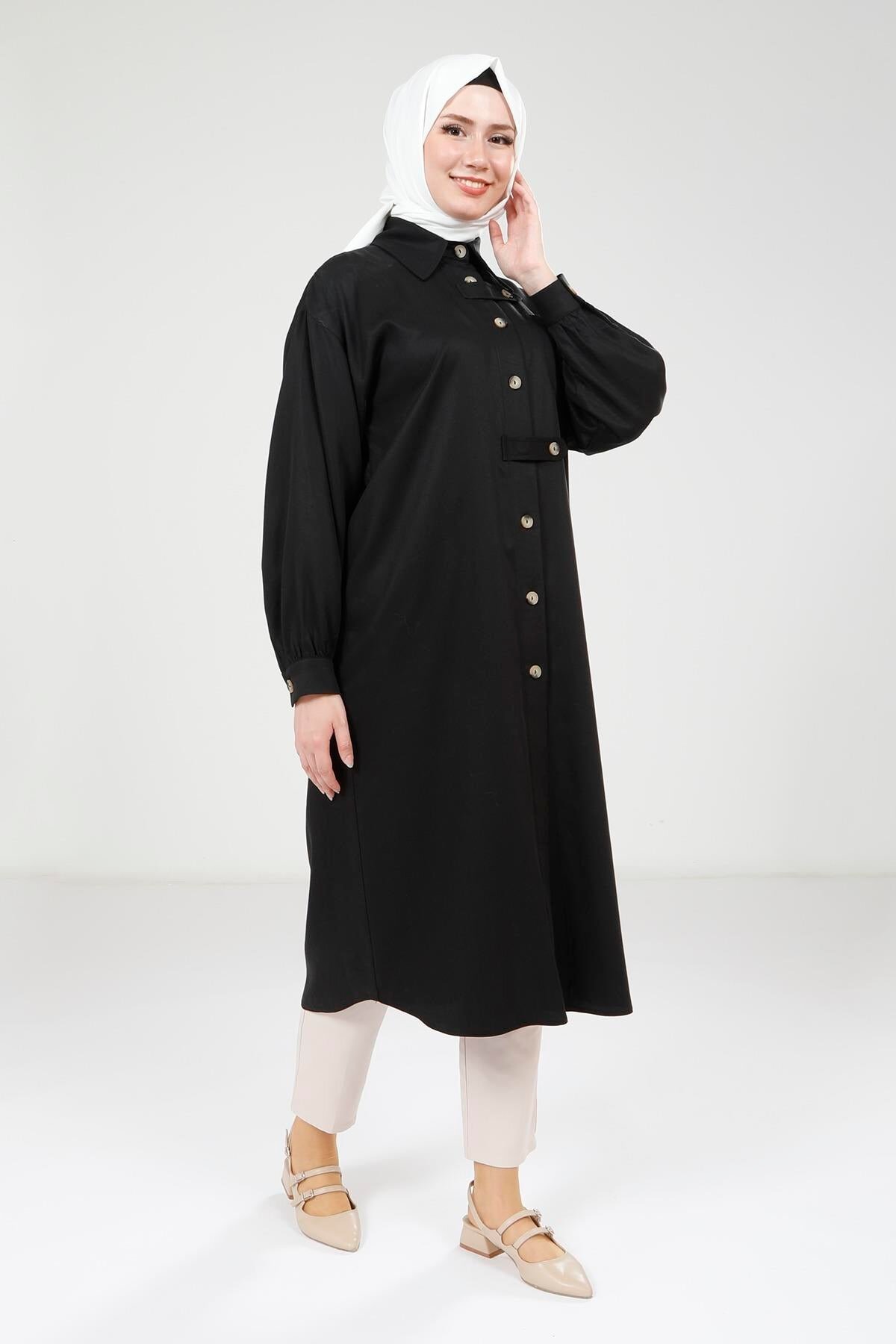 معطف سهل الارتداء طويل أسود بأزرار - Beyza