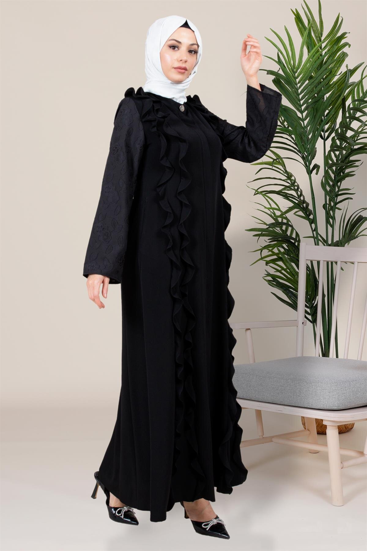 Lace Sleeved Ruffle Detail Abaya - Black - Beyza