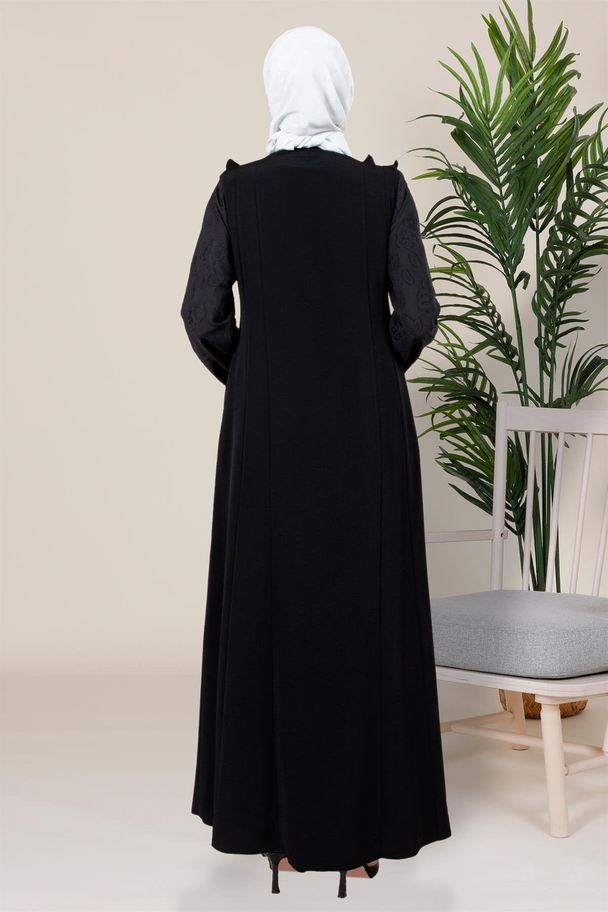 Lace Sleeved Ruffle Detail Abaya - Black - Beyza