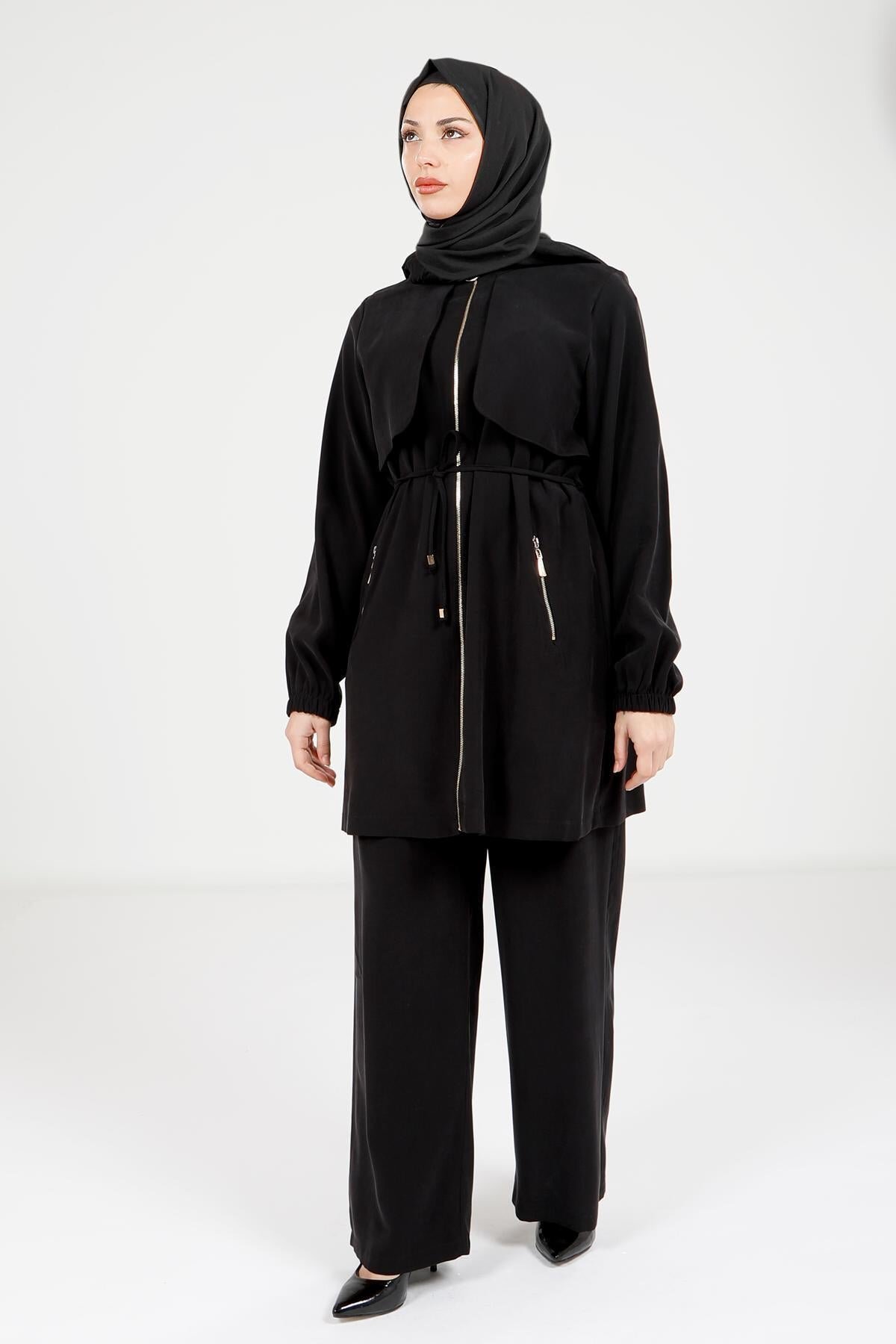 Two-Piece Modest Jacket and Trousers Set - Black - Beyza