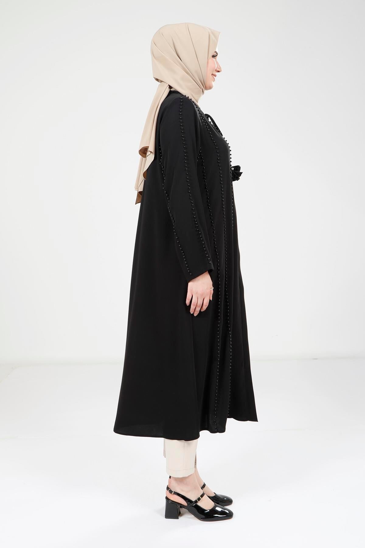 Easy-Wear Pearl-Detail Overcoat - Black - Beyza