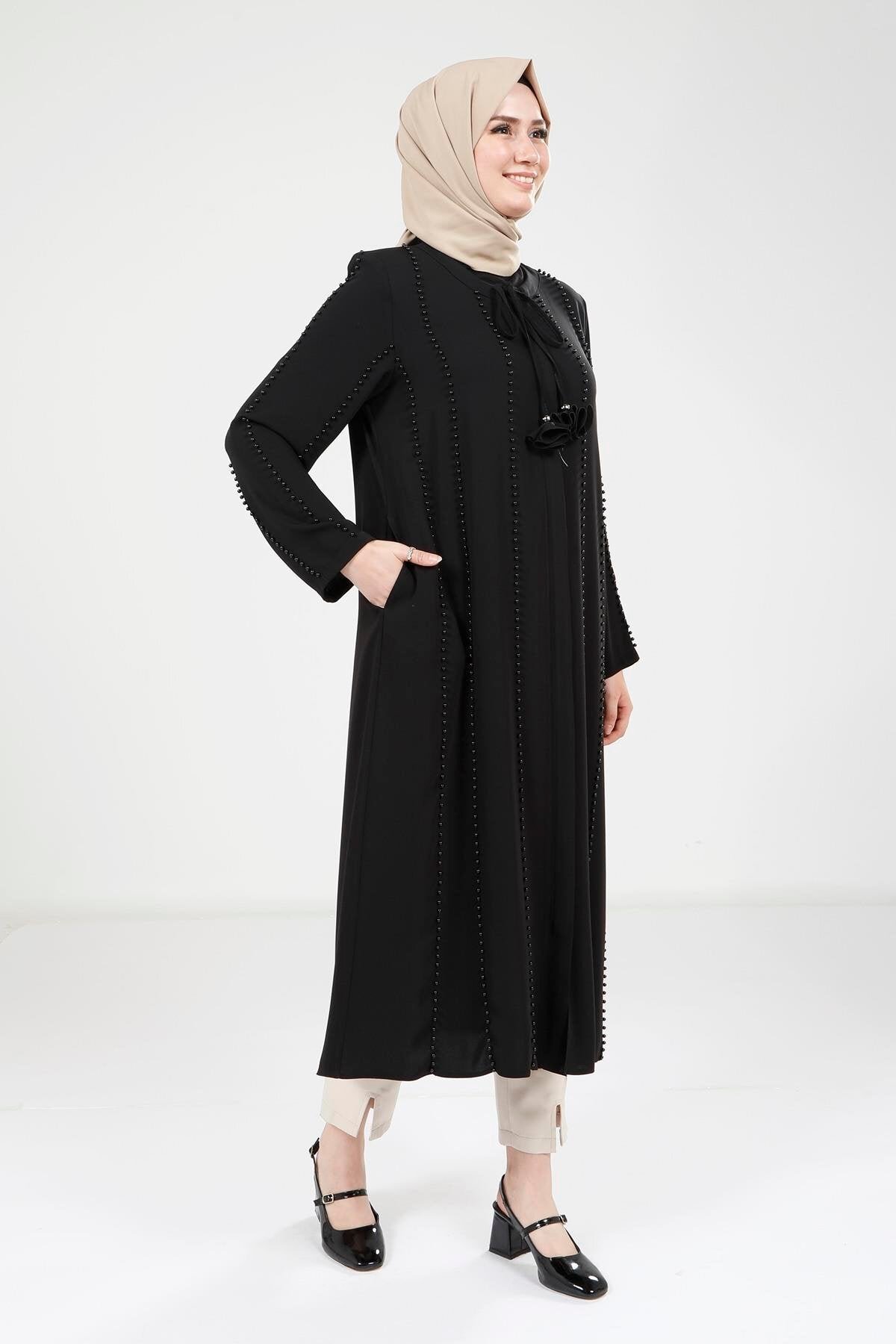 Easy-Wear Pearl-Detail Overcoat - Black - Beyza