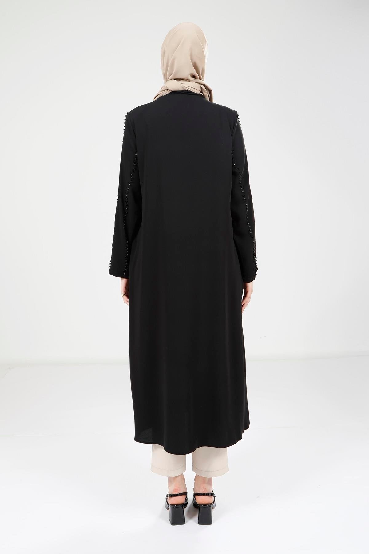 Easy-Wear Pearl-Detail Overcoat - Black - Beyza