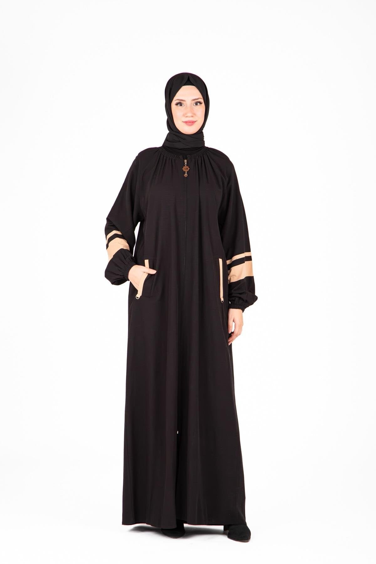 İznik Style Elasticated Sleeve Zipper Ferace - Black - Beyza