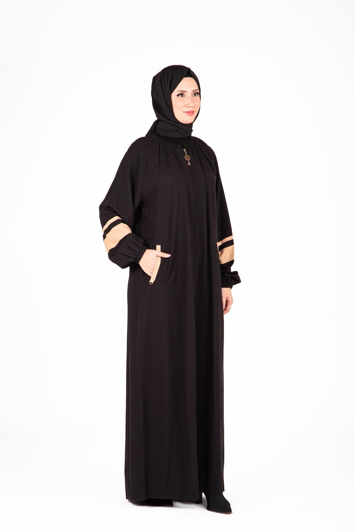 İznik Style Elasticated Sleeve Zipper Ferace - Black - Beyza