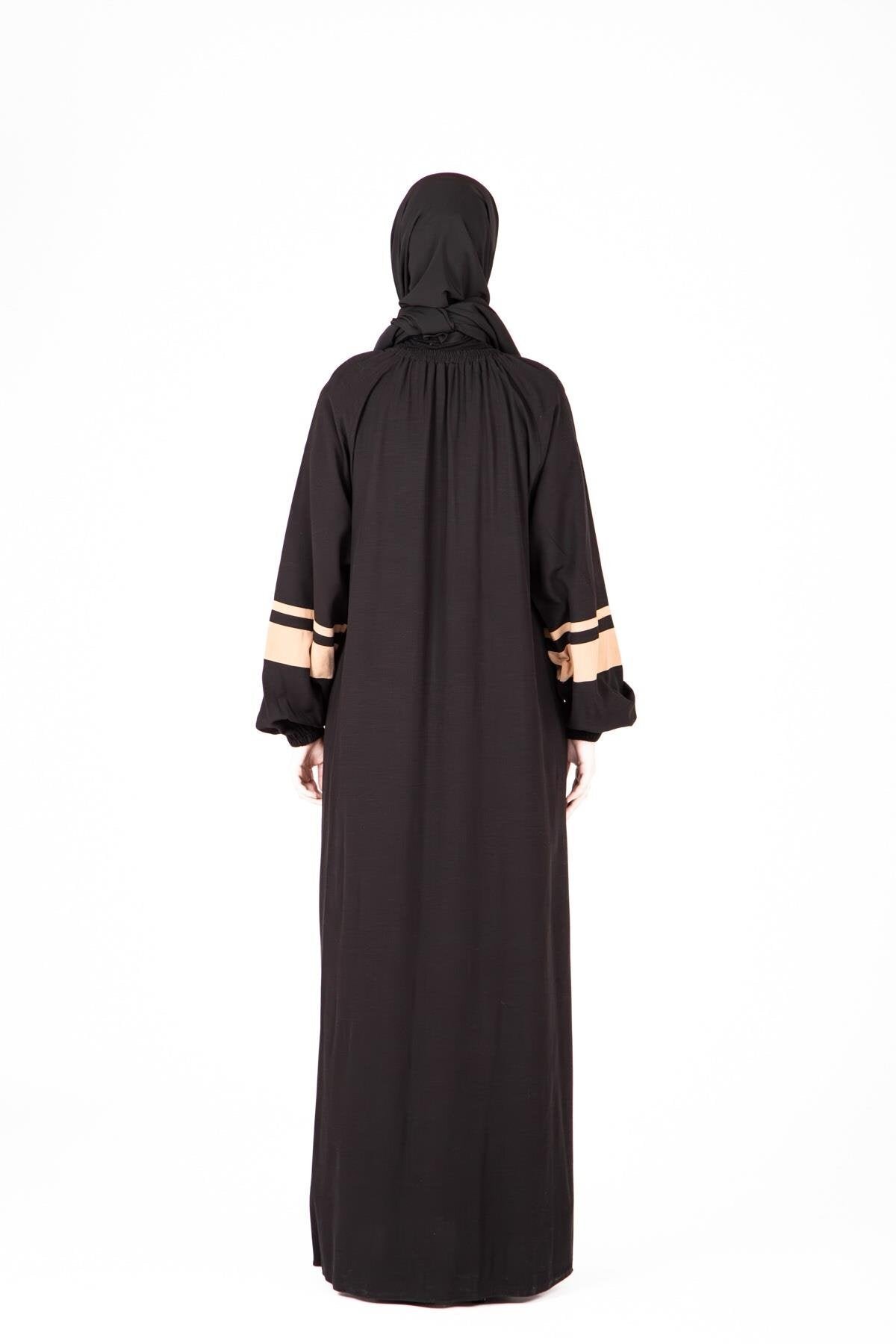 İznik Style Elasticated Sleeve Zipper Ferace - Black - Beyza