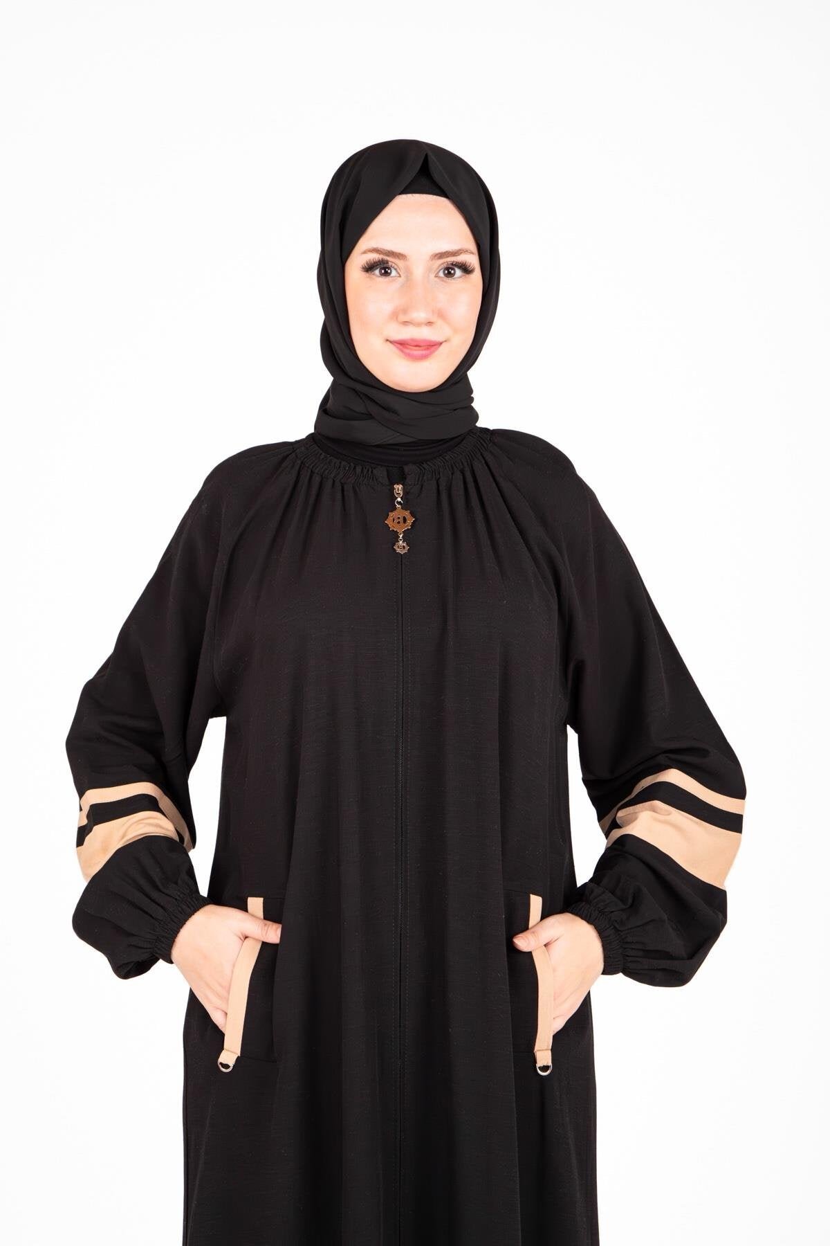 İznik Style Elasticated Sleeve Zipper Ferace - Black - Beyza