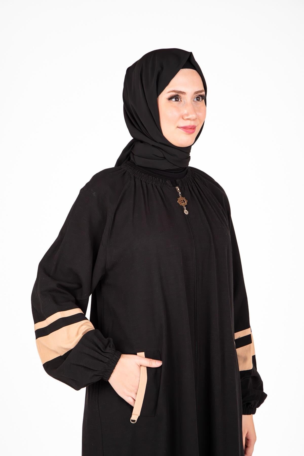 İznik Style Elasticated Sleeve Zipper Ferace - Black - Beyza