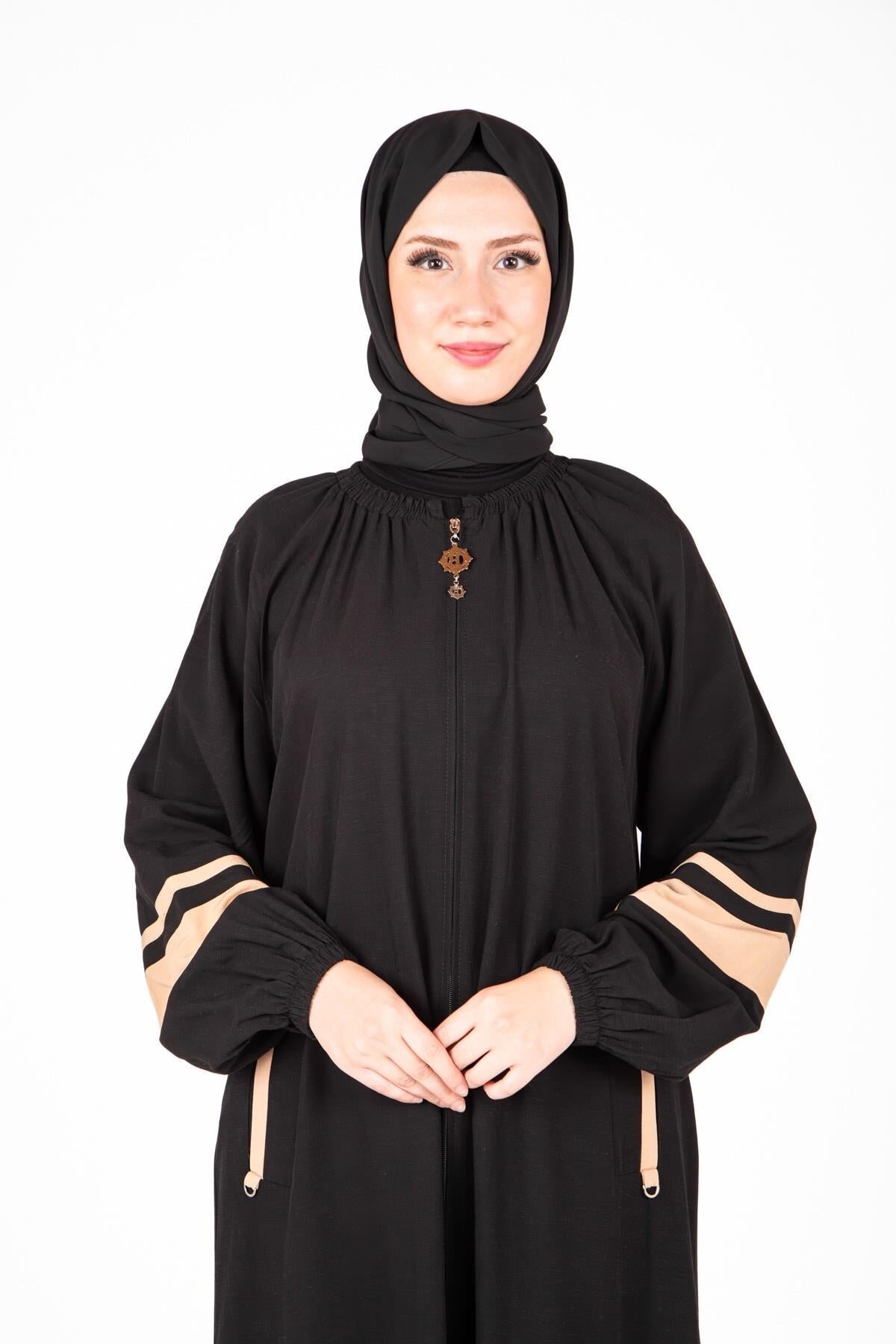 İznik Style Elasticated Sleeve Zipper Ferace - Black - Beyza
