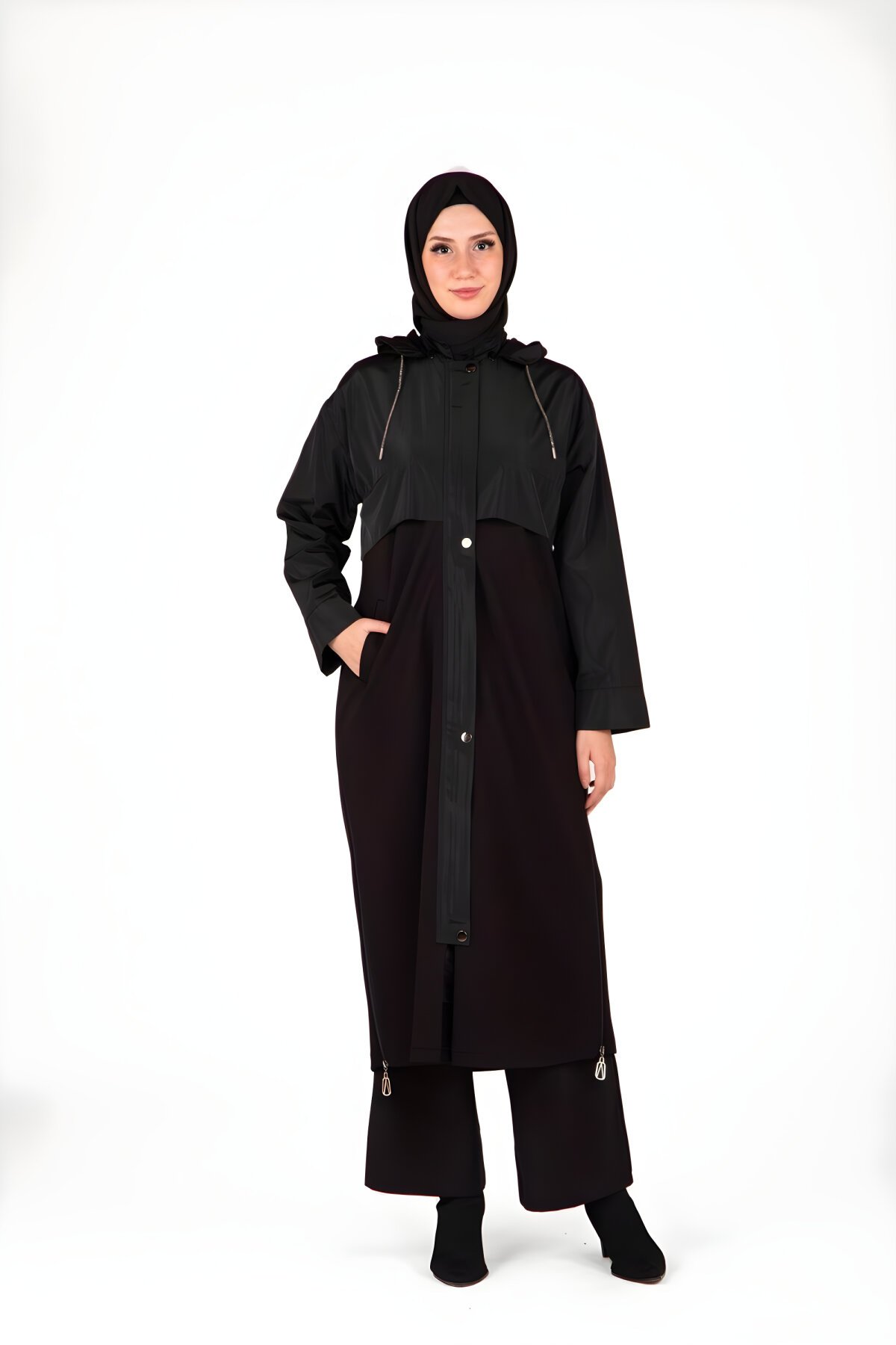 Siyah Kapüşonlu Fermuarlı Giyçık Kap - Beyza