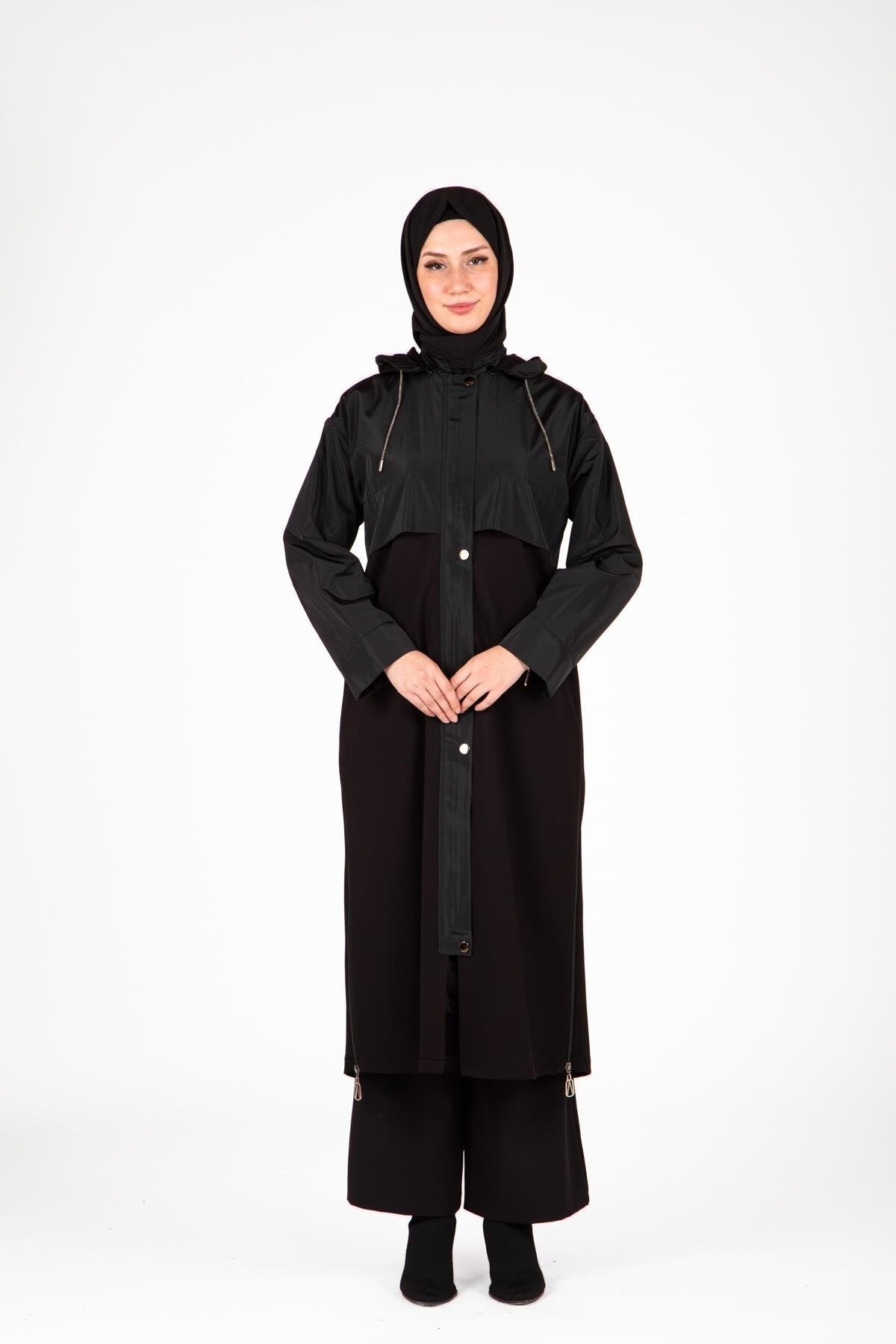 Long Hooded Zip-Up Coat - Black - Beyza
