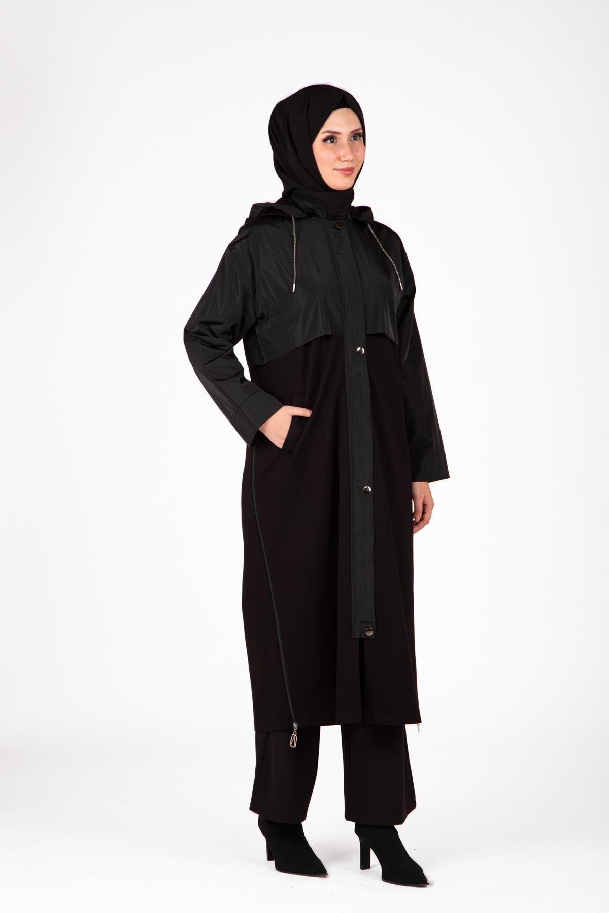 Long Hooded Zip-Up Coat - Black - Beyza