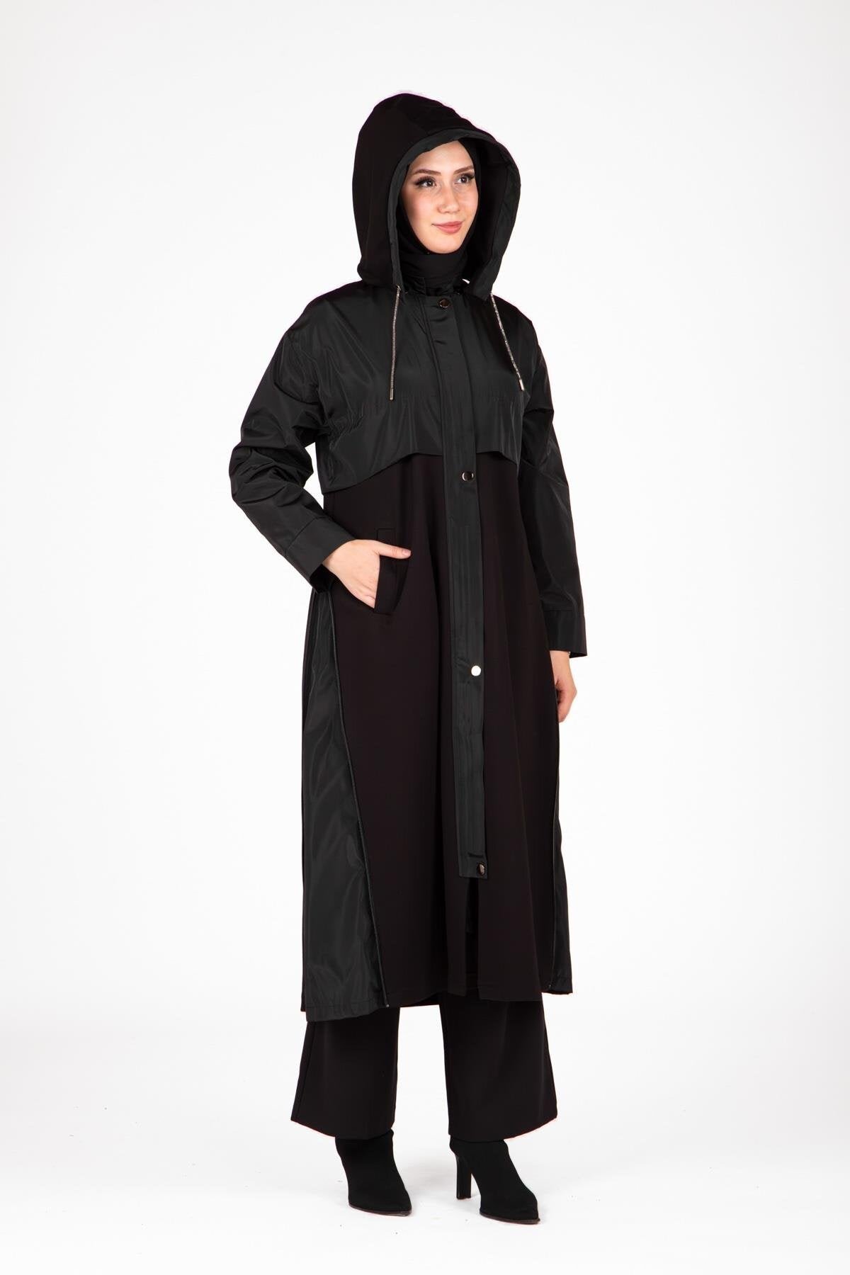 Long Hooded Zip-Up Coat - Black - Beyza