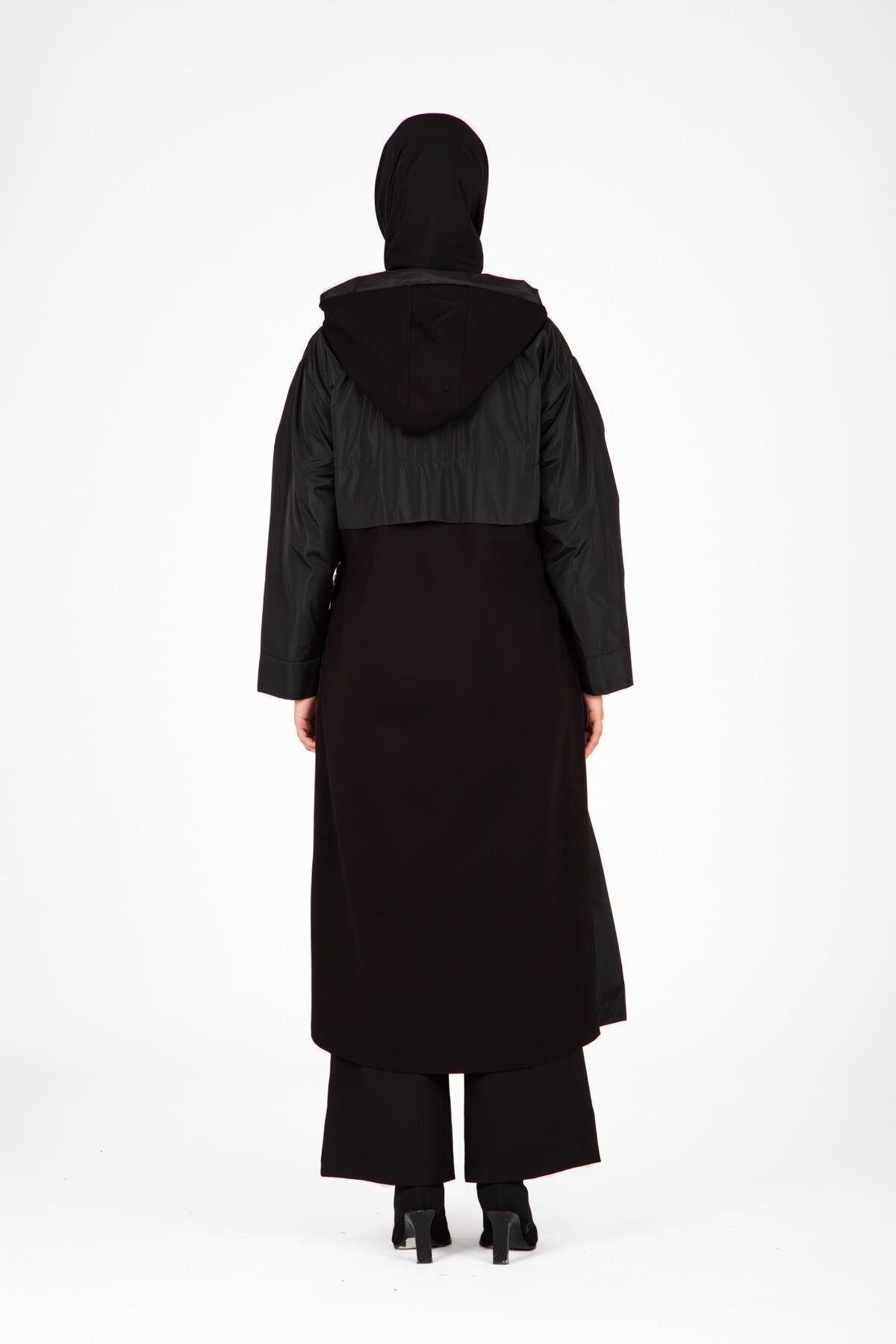 Long Hooded Zip-Up Coat - Black - Beyza