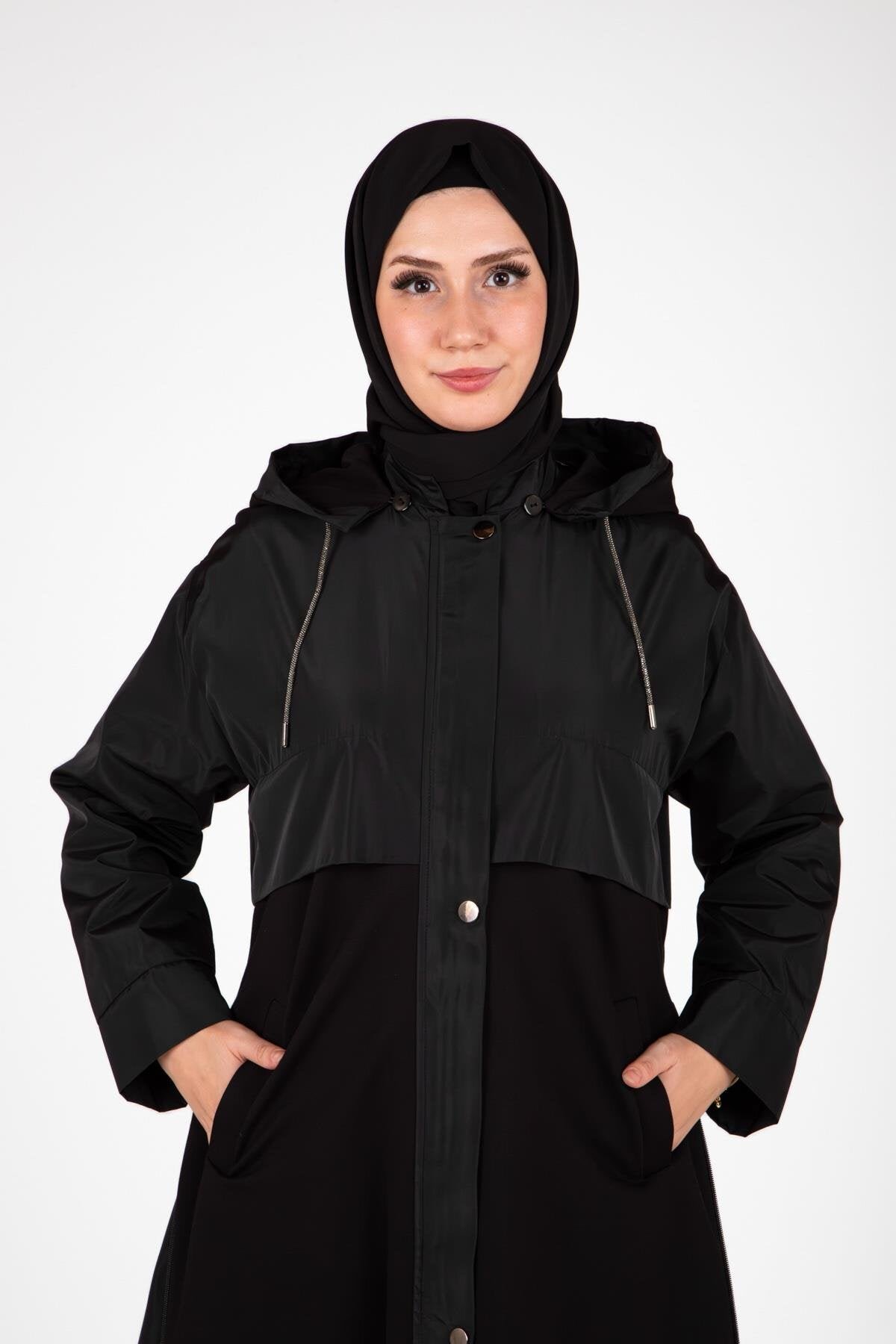 Long Hooded Zip-Up Coat - Black - Beyza