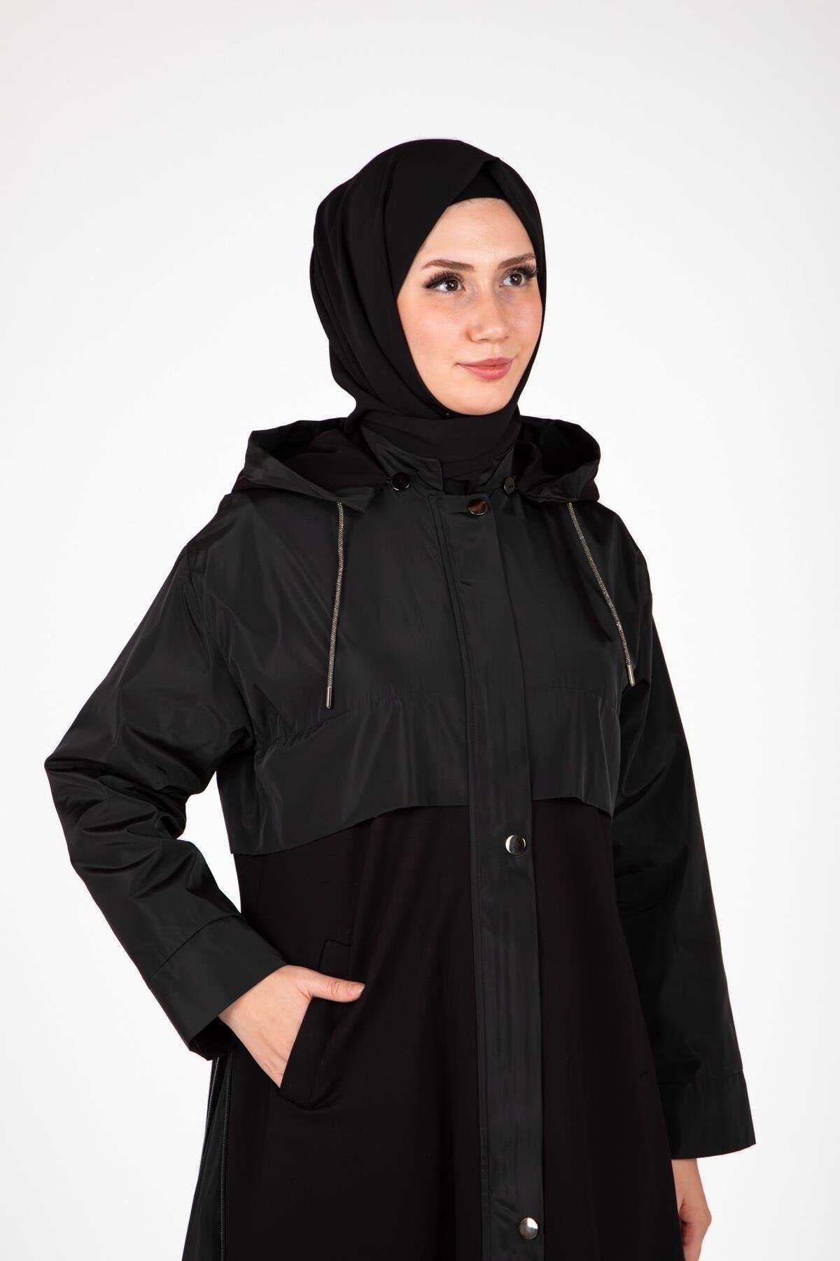 Long Hooded Zip-Up Coat - Black - Beyza