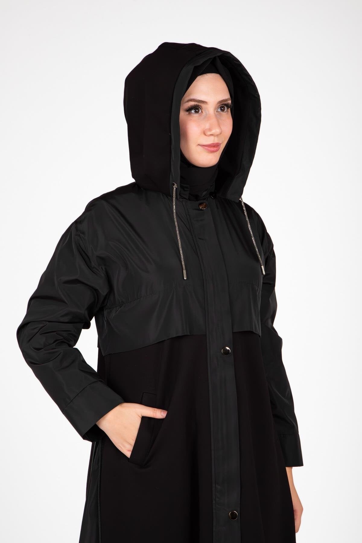 Long Hooded Zip-Up Coat - Black - Beyza