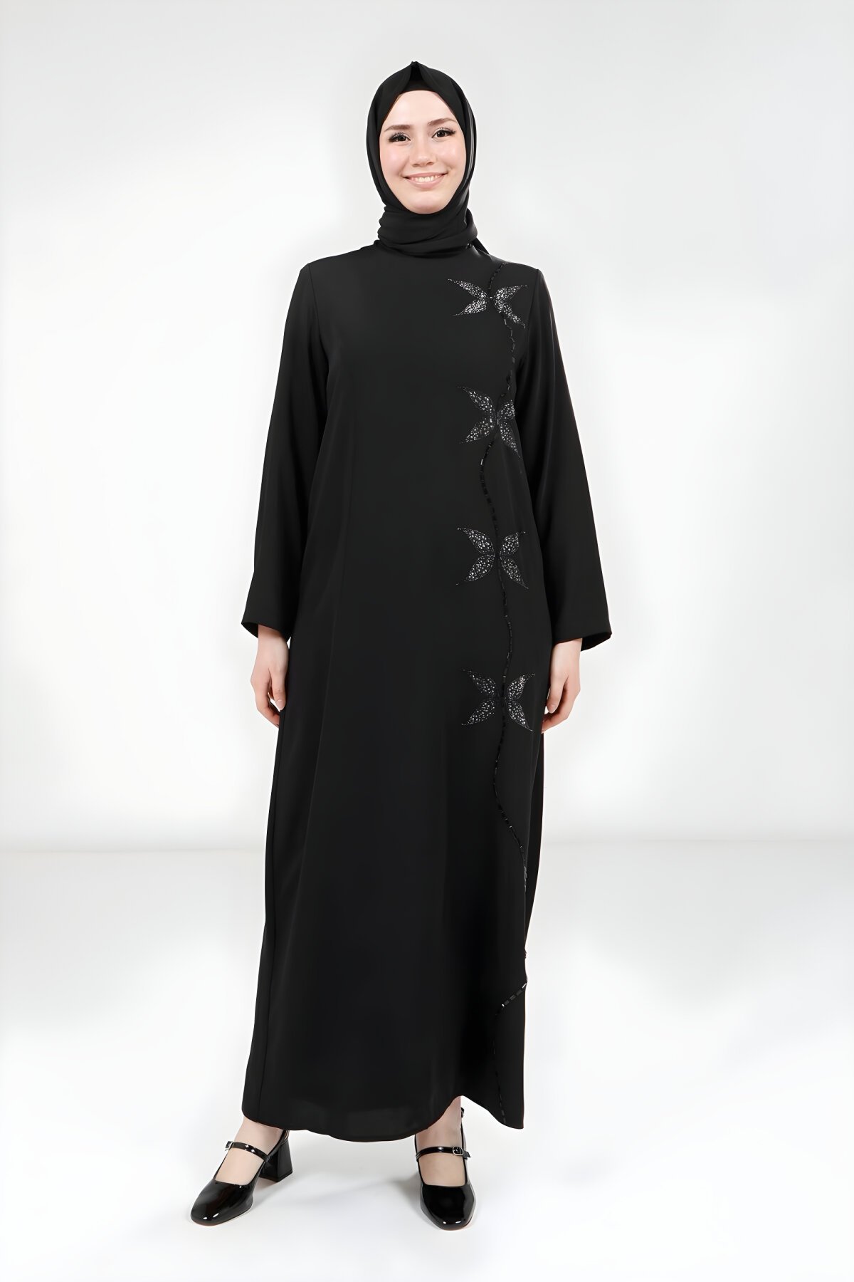 Siyah Kelebek Taşlı Tesettür Abiye Elbise - Beyza