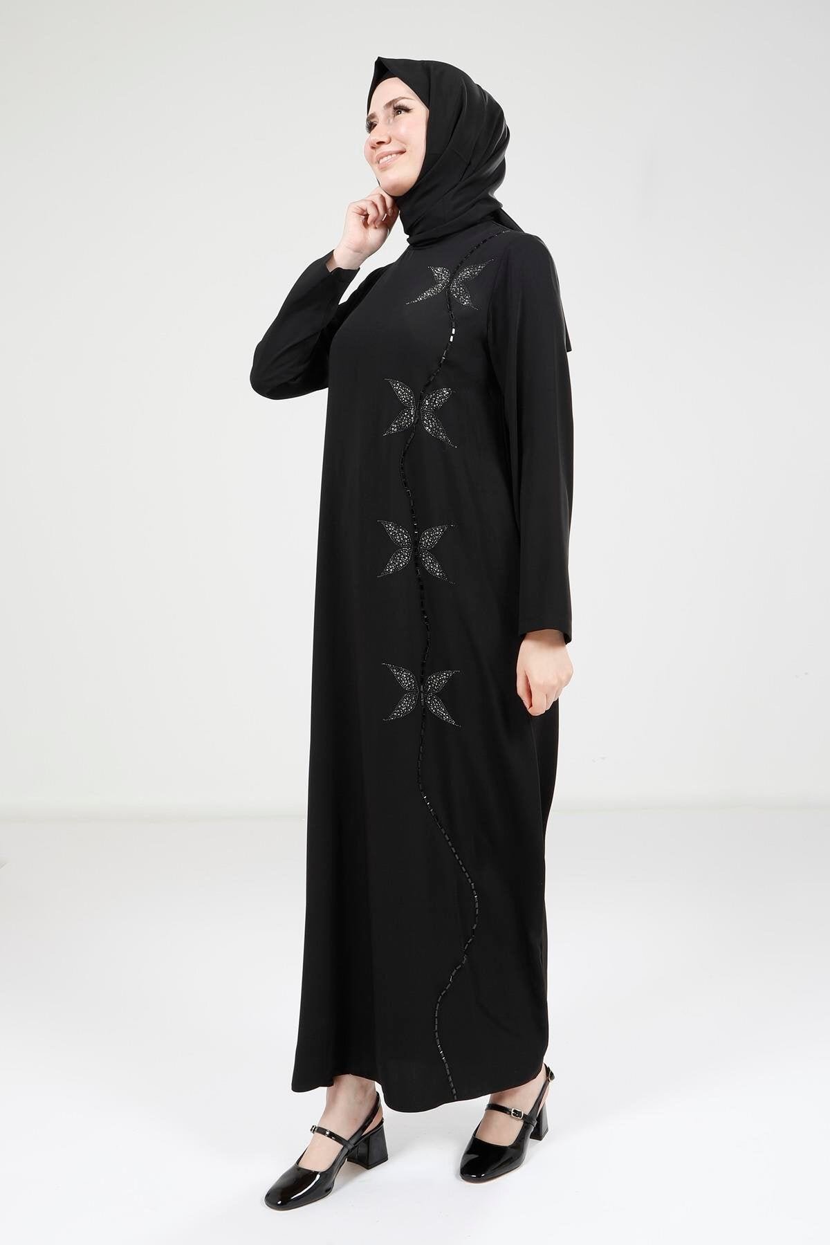 Butterfly Stone-Embellished Modest Evening Dress - Black - Beyza