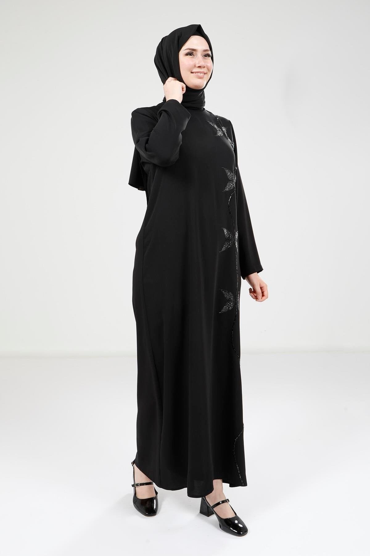 Butterfly Stone-Embellished Modest Evening Dress - Black - Beyza