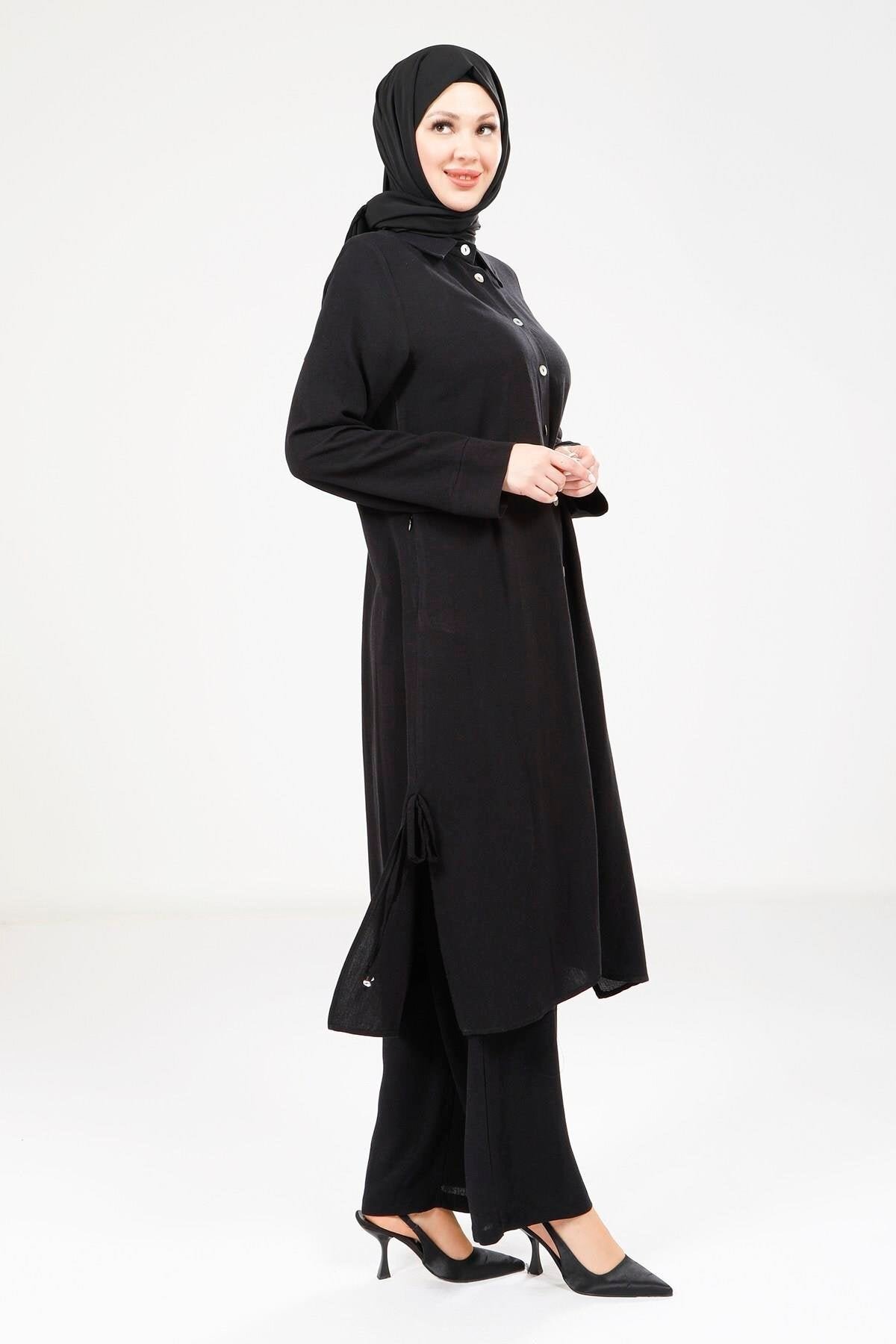 Linen Modest Matching Set - Black - Beyza
