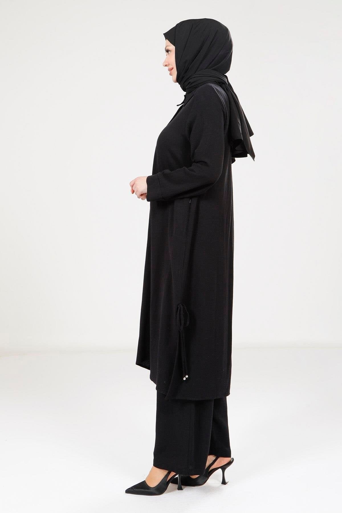 Linen Modest Matching Set - Black - Beyza