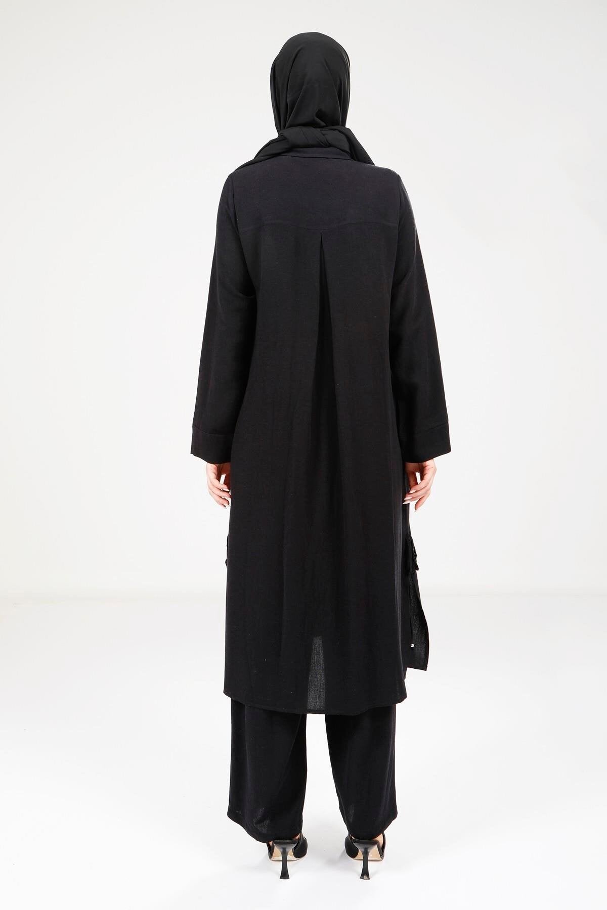 Linen Modest Matching Set - Black - Beyza