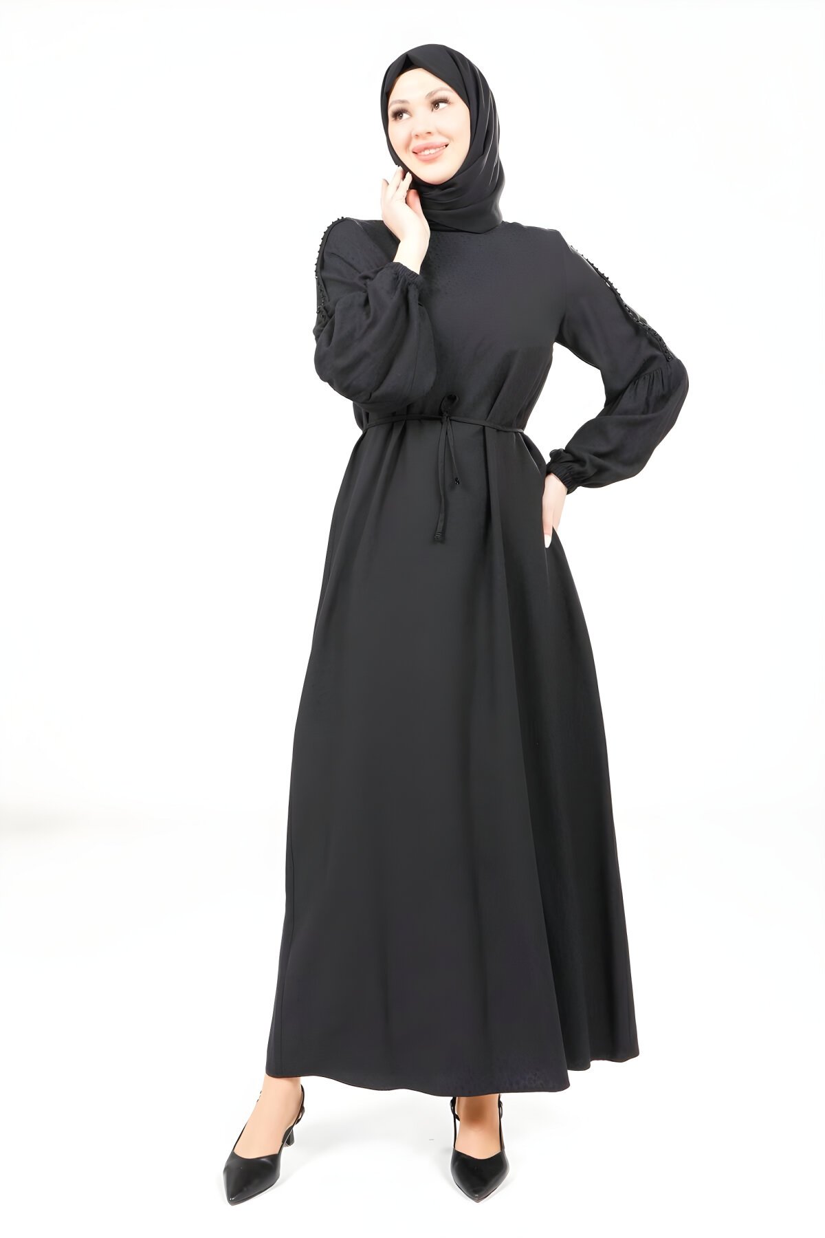 Siyah Kolu Örgülü Tesettür Elbise - Beyza