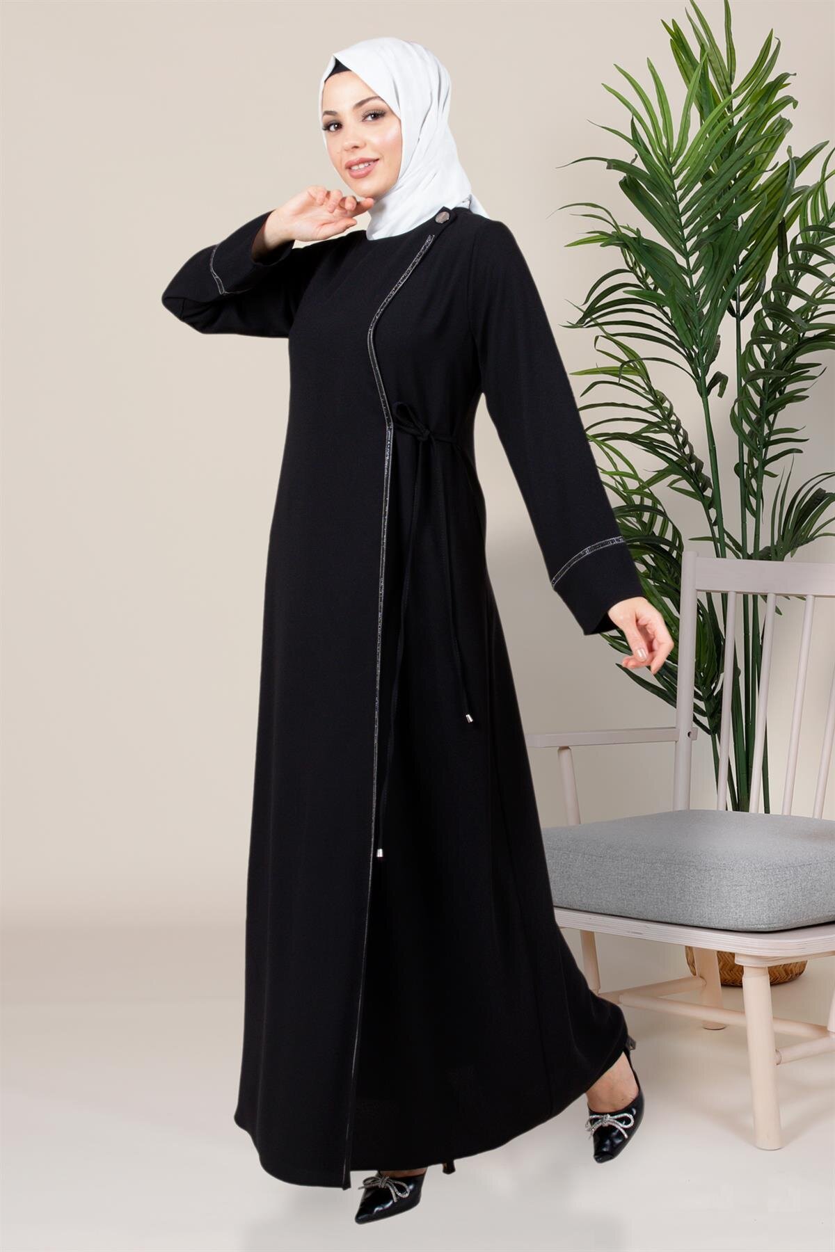 Modest Double-Breasted Stone Detail Evening Dress - Black - Beyza