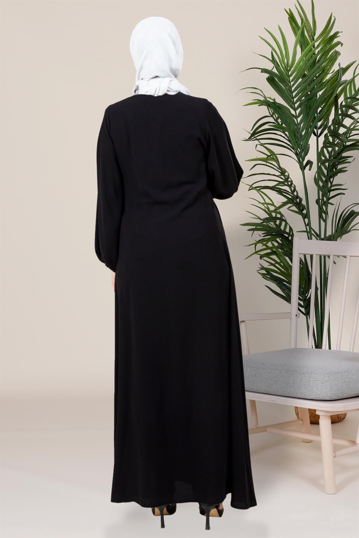 Modest Double-Breasted Stone Detail Evening Dress - Black - Beyza