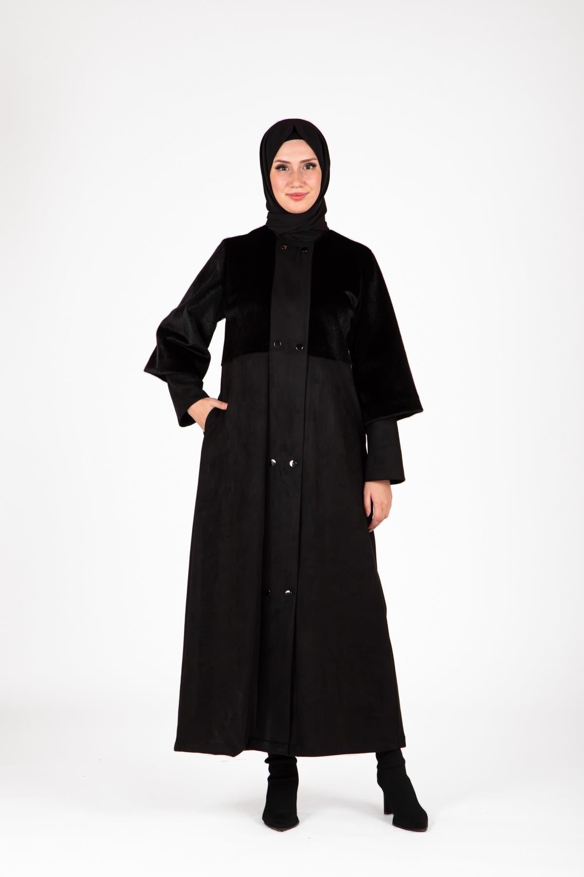 Faux Fur Abaya - Black - Beyza