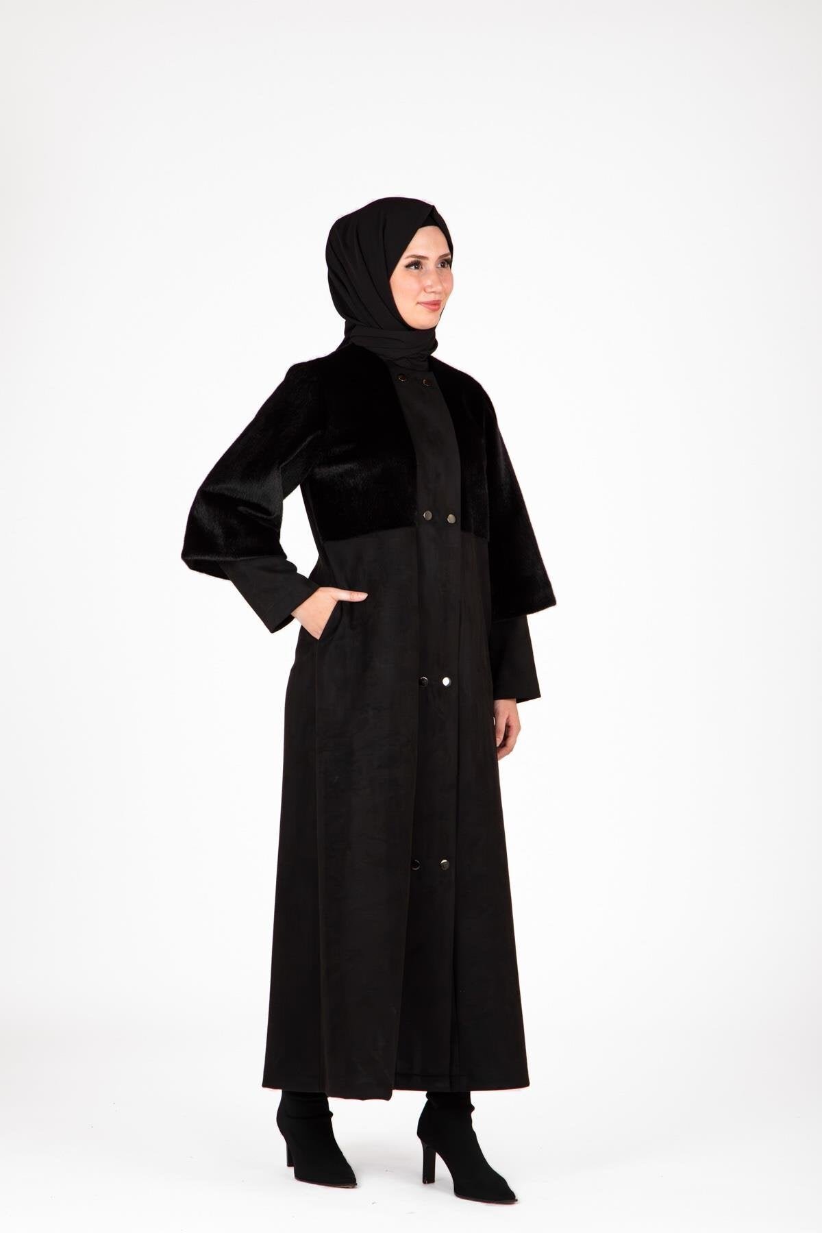 Faux Fur Abaya - Black - Beyza