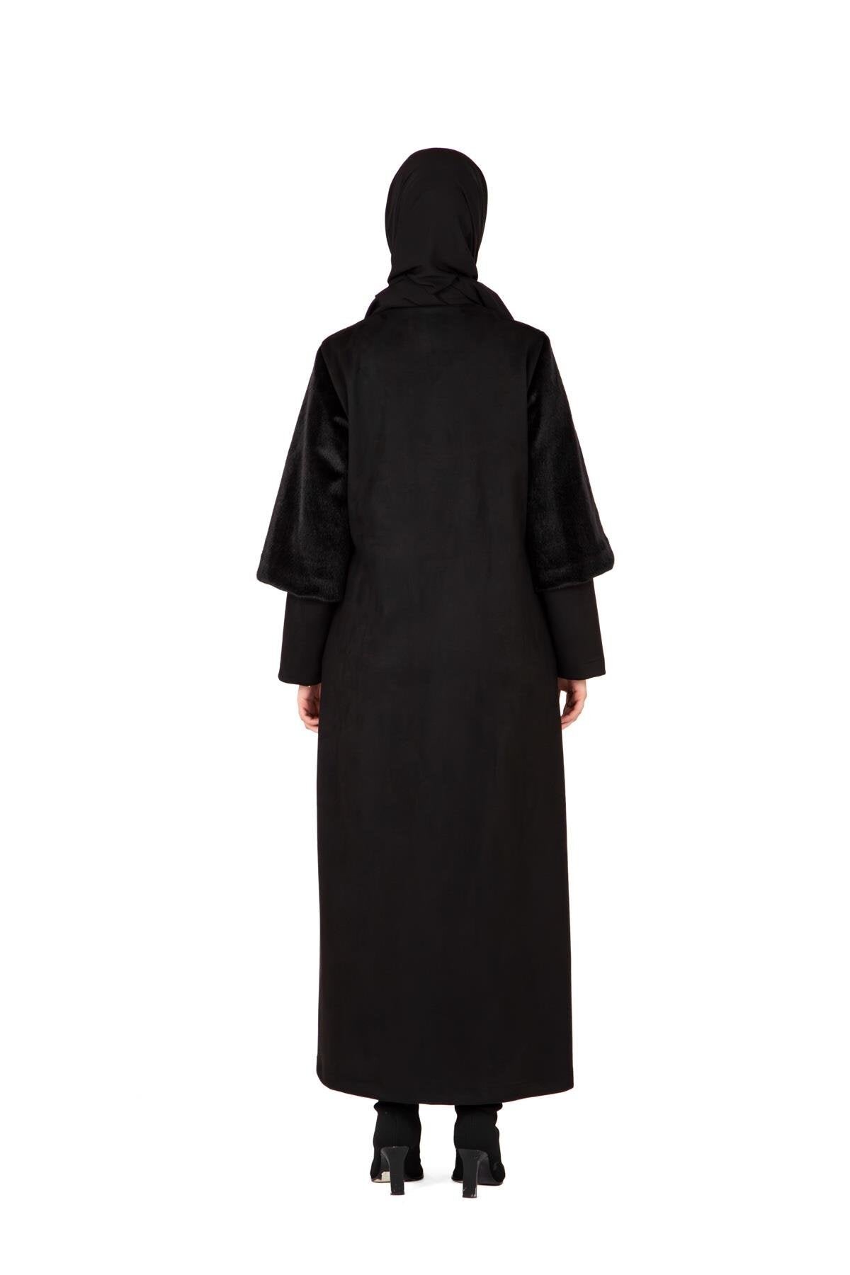 Faux Fur Abaya - Black - Beyza