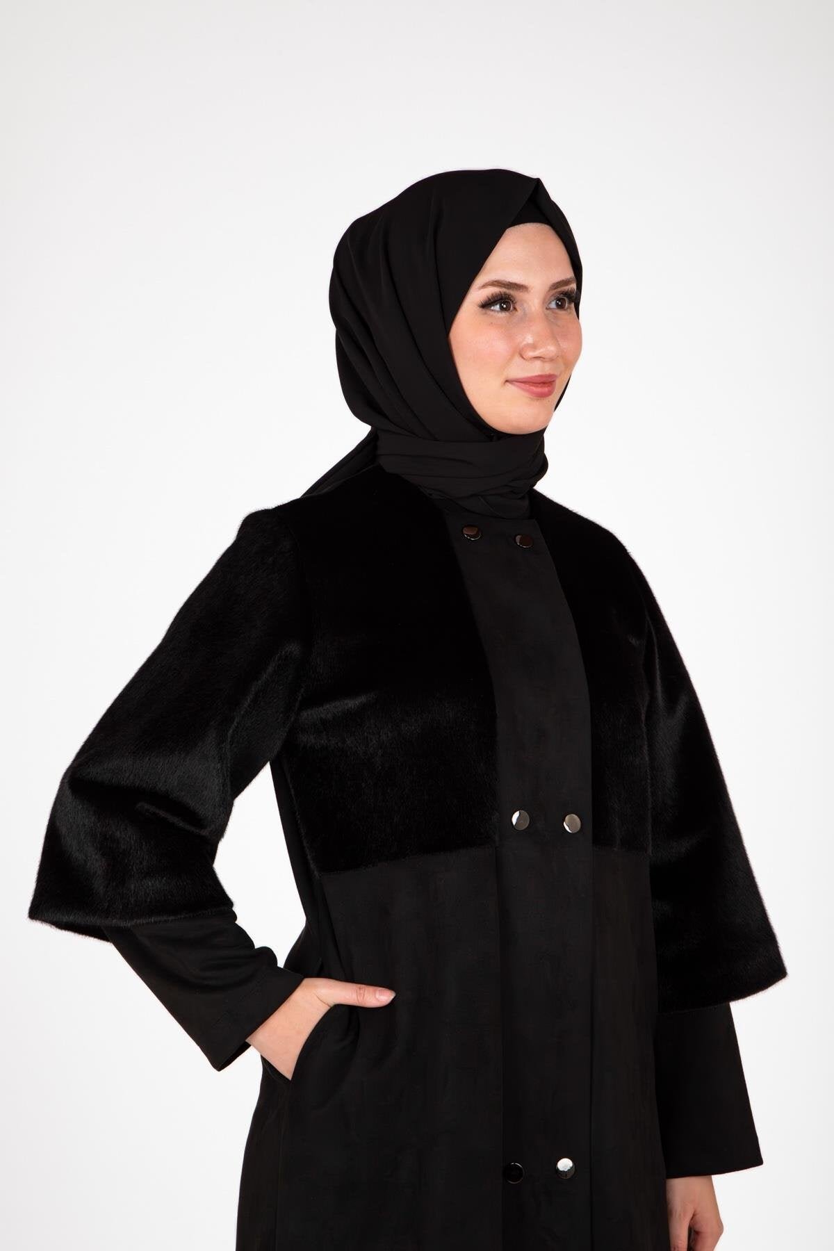 Faux Fur Abaya - Black - Beyza
