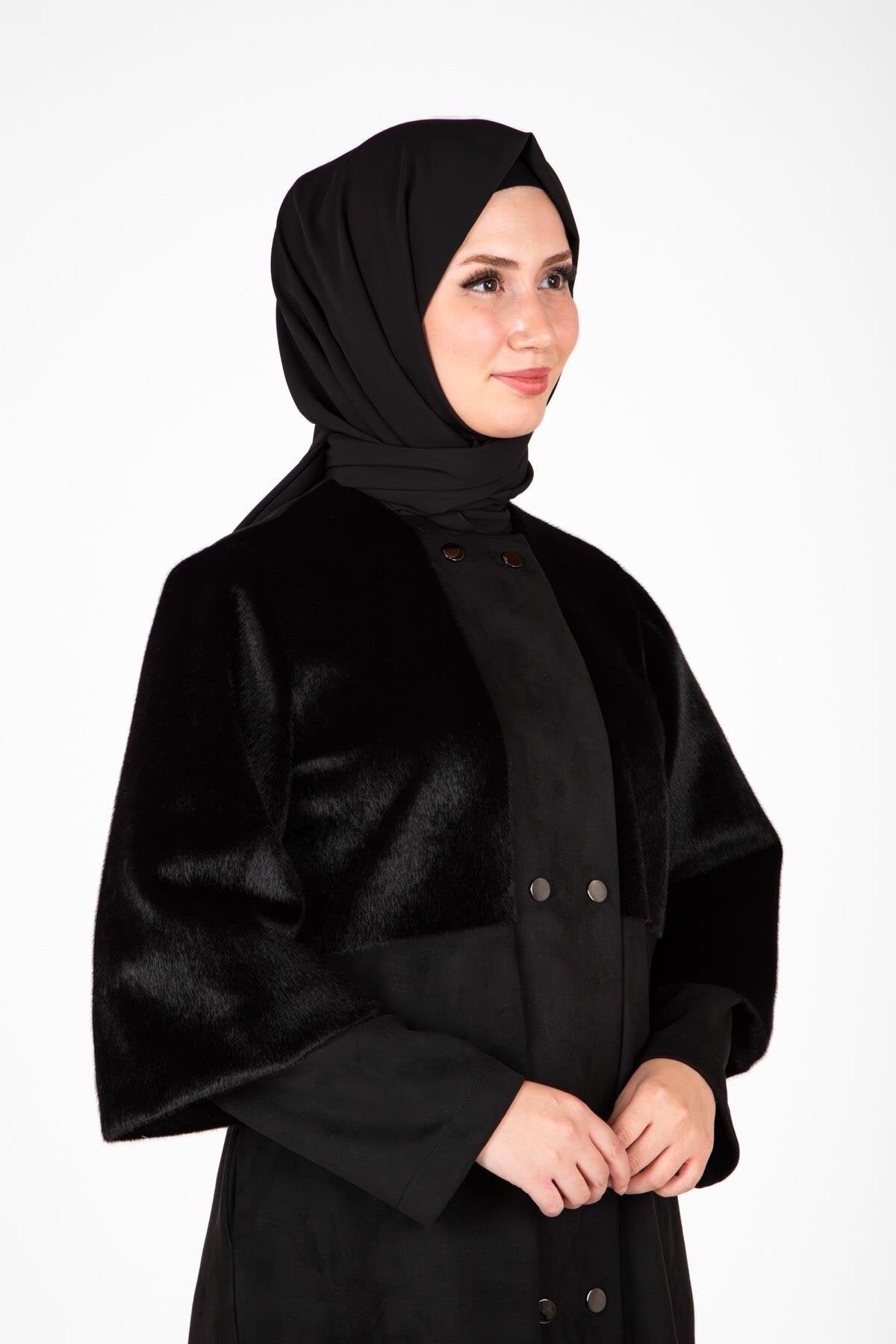 Faux Fur Abaya - Black - Beyza