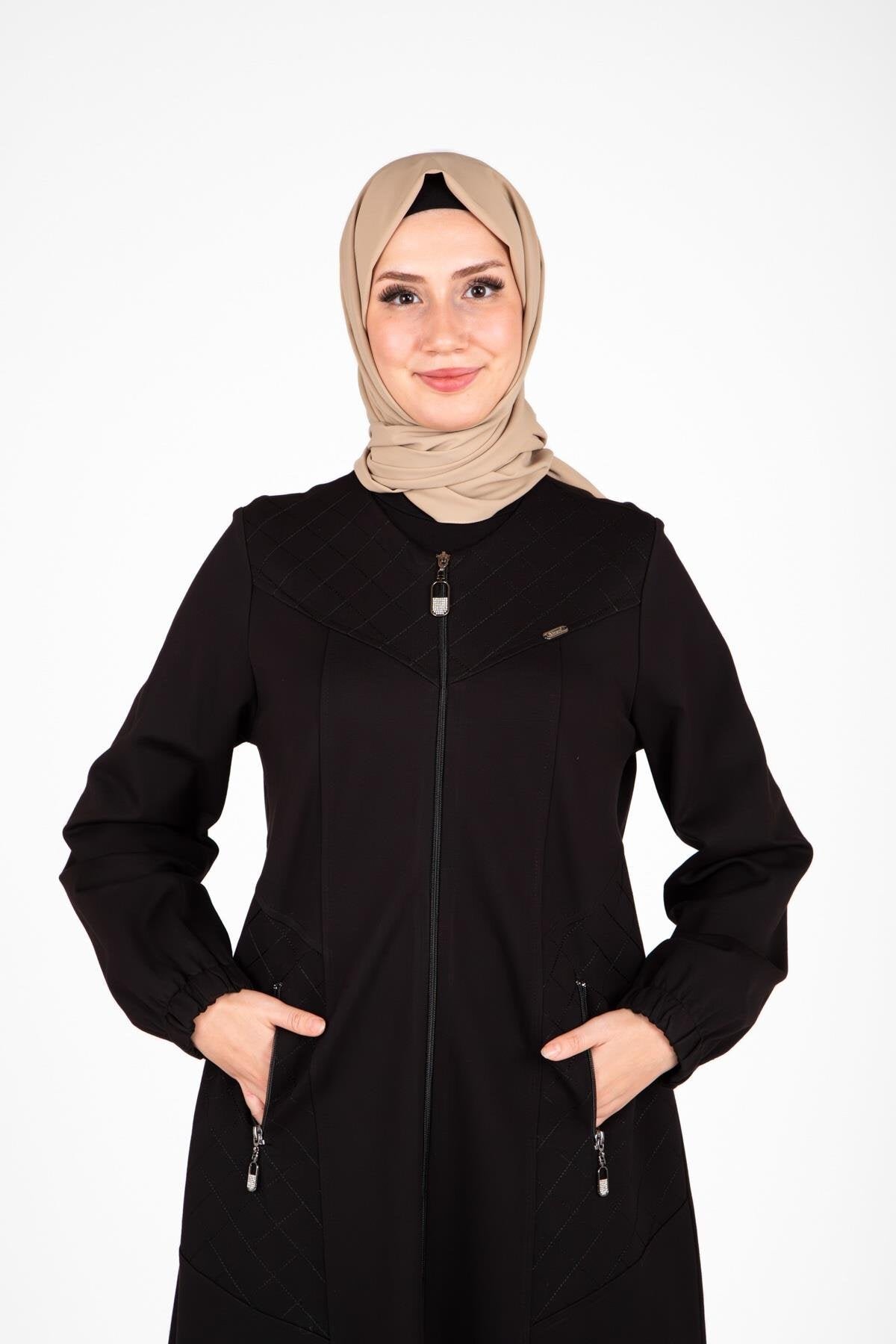 Elastic-Cuff Embroidered Ferace - Black - Beyza