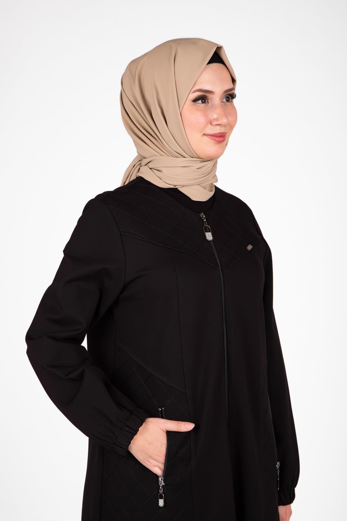 Elastic-Cuff Embroidered Ferace - Black - Beyza