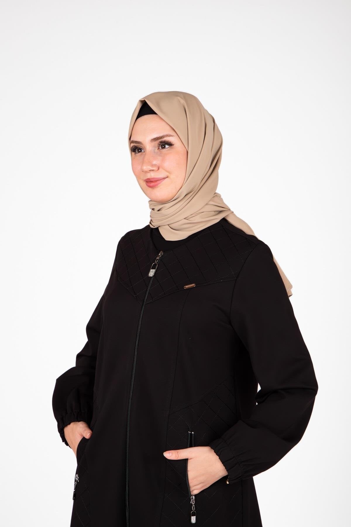 Elastic-Cuff Embroidered Ferace - Black - Beyza
