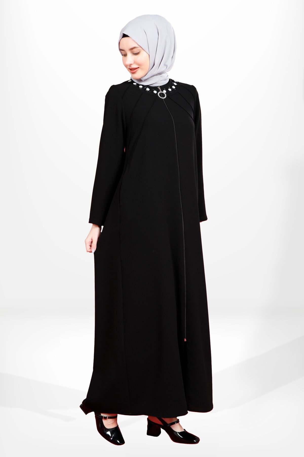 Pin-tuck Zippered Stone Detail Collar Ferace - Black - Beyza