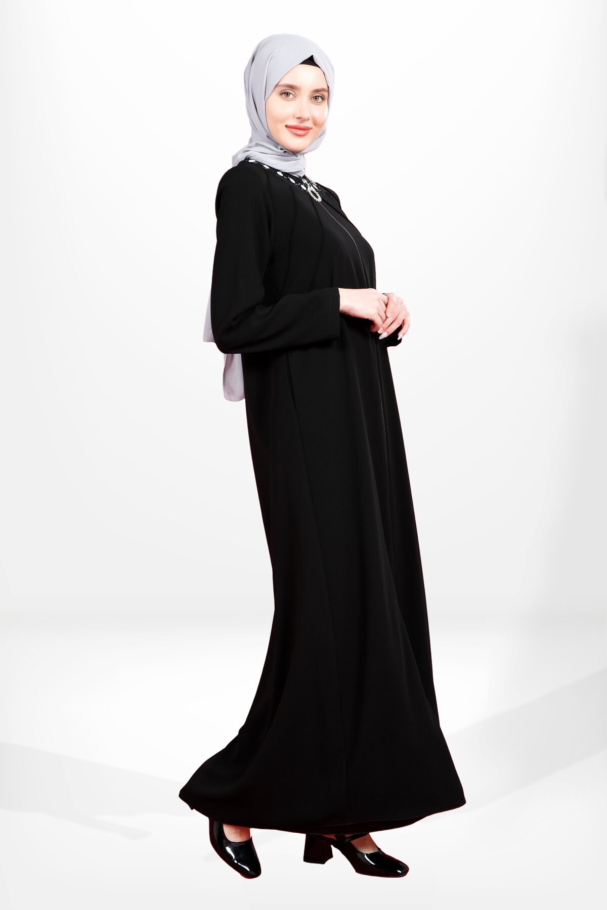 Pin-tuck Zippered Stone Detail Collar Ferace - Black - Beyza