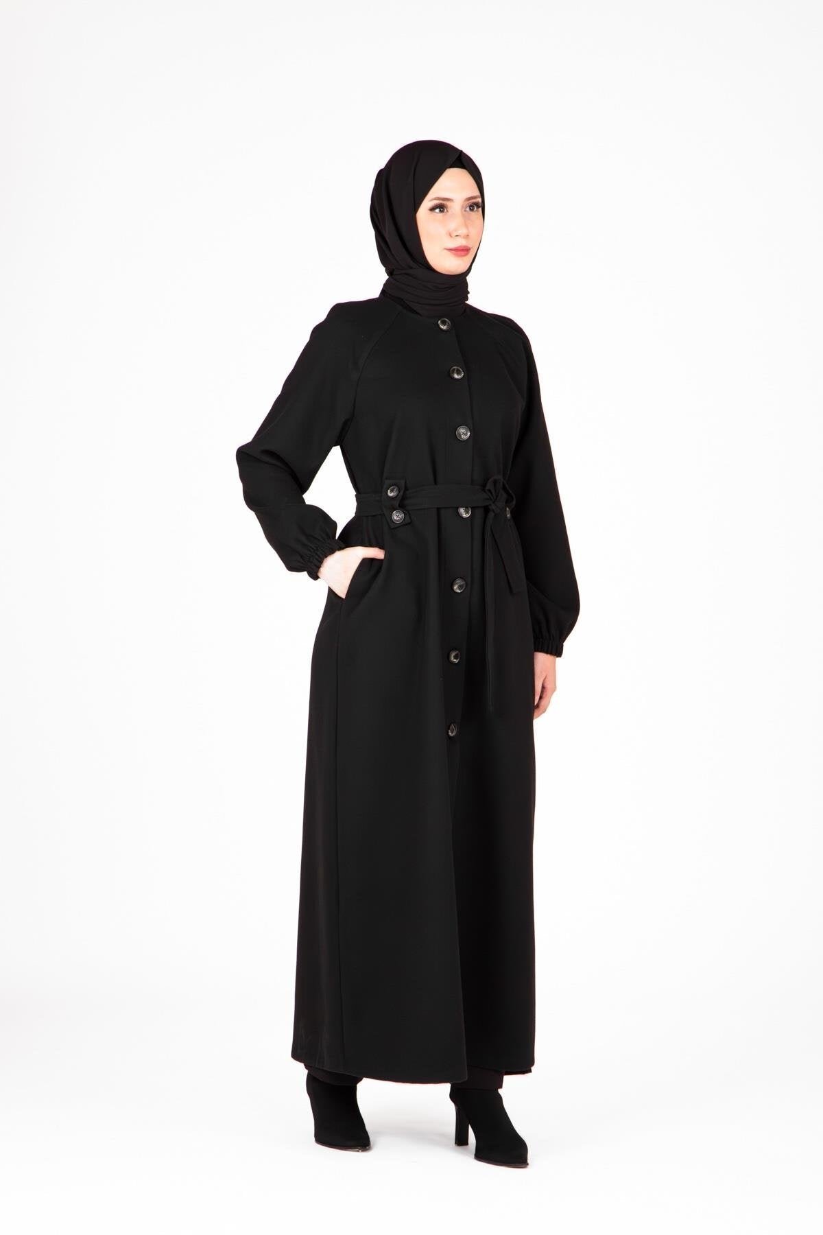 Buttoned Front Ferace - Black - Beyza