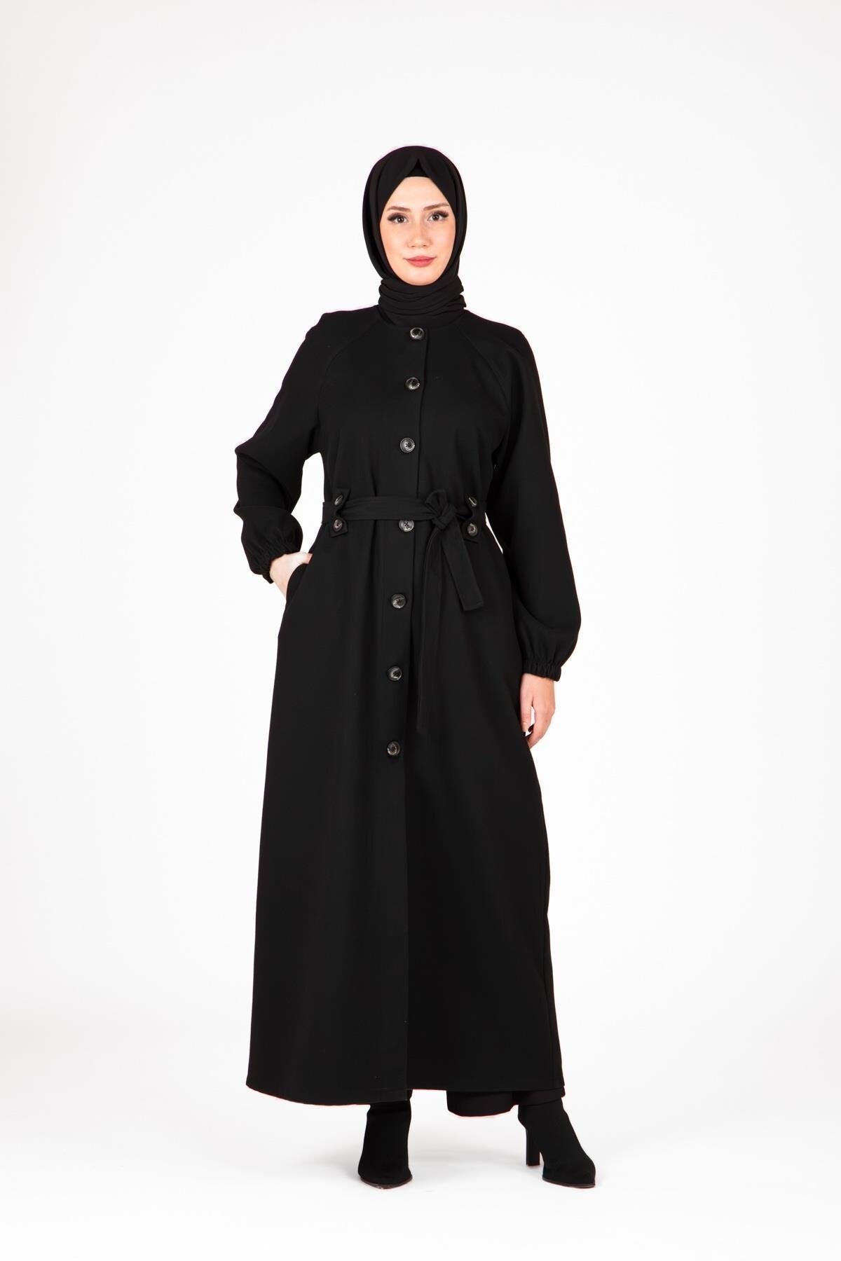 Buttoned Front Ferace - Black - Beyza