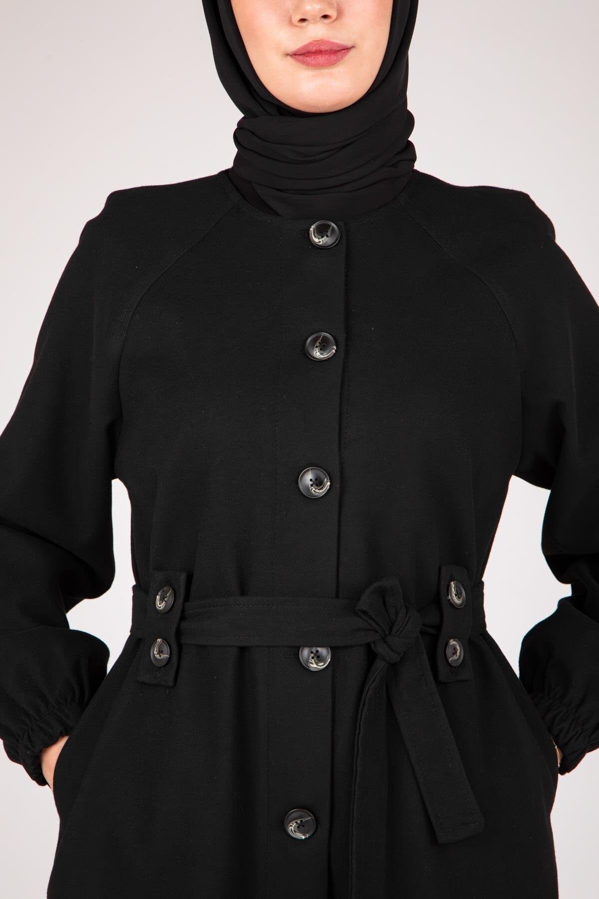 Buttoned Front Ferace - Black - Beyza
