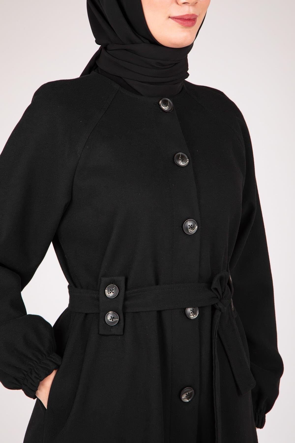 Buttoned Front Ferace - Black - Beyza