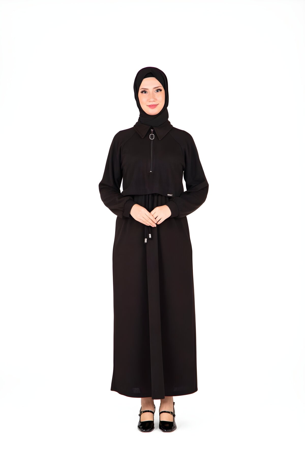 فستان محتشم أسود محبوك بسحاب أمامي - Beyza