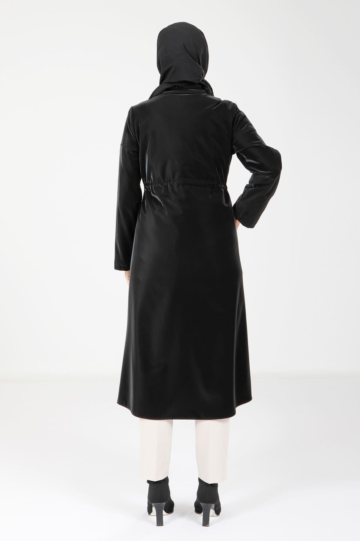 Throw-Over Shiny Fabric Metal Buttoned Coat - Black - Beyza