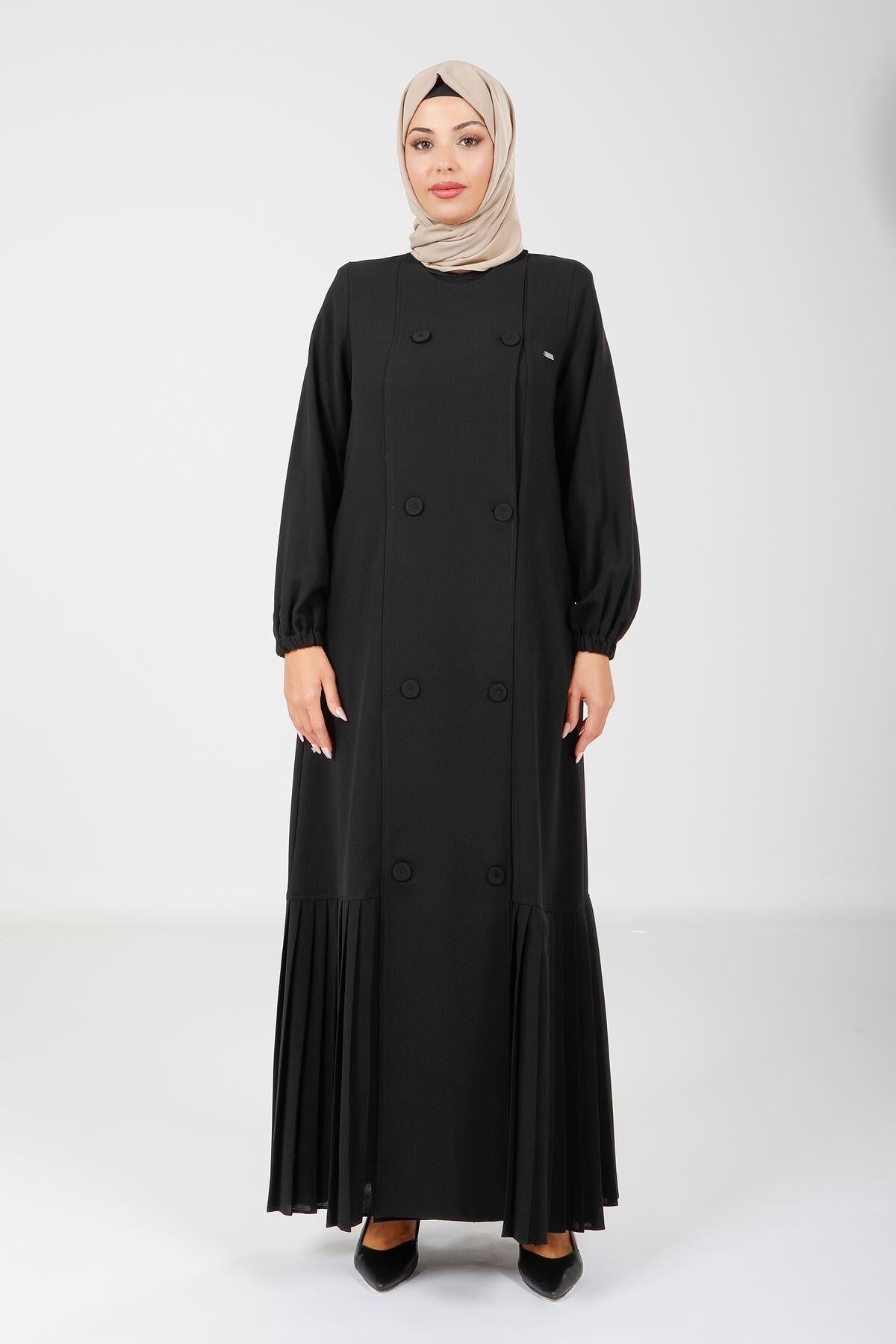 Pleated Buttoned Side-Pocket Ferace - Black - Beyza